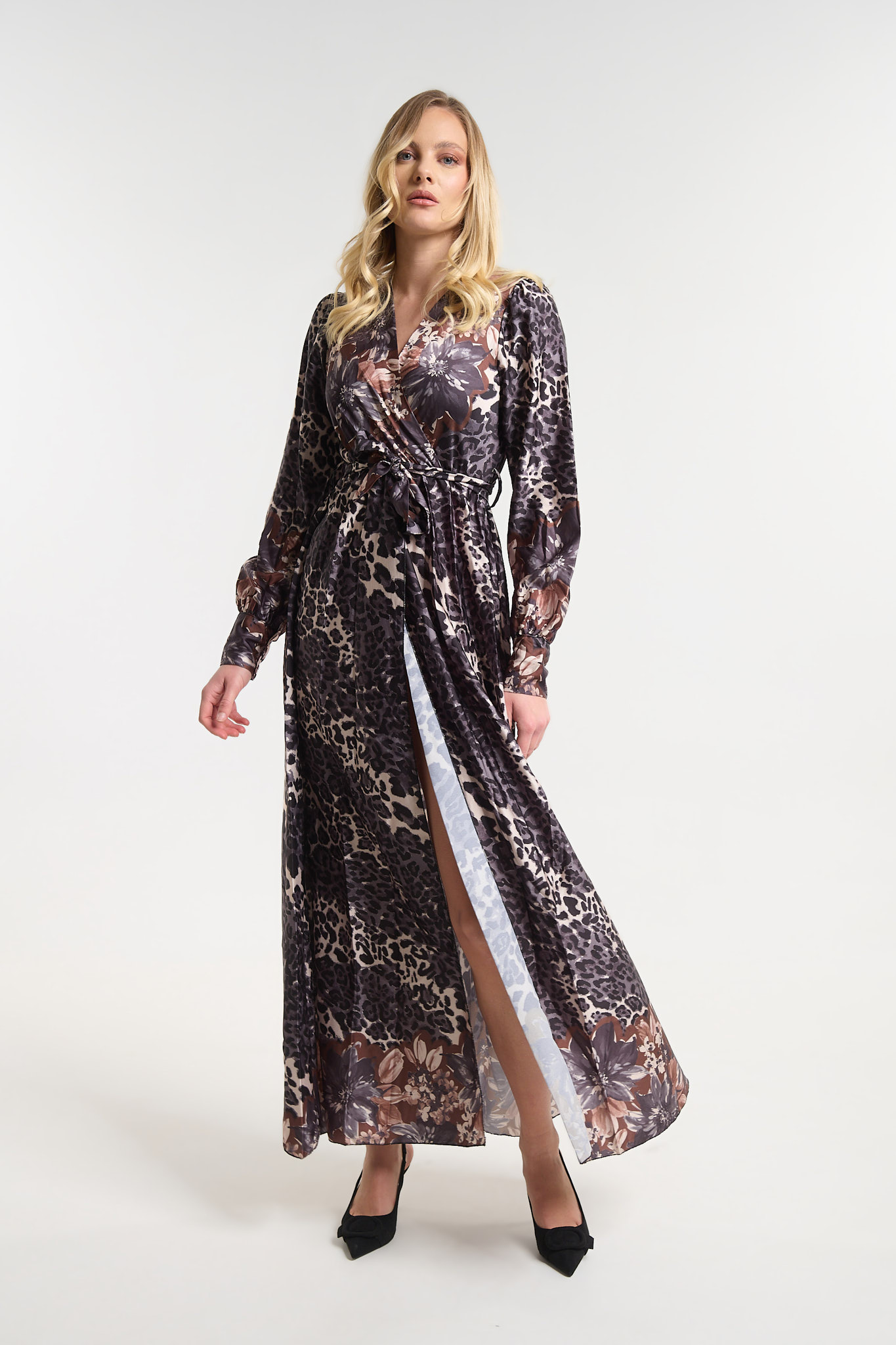Φόρεμα Μακρύ Animal Print με Floral Λεπτομέρειες