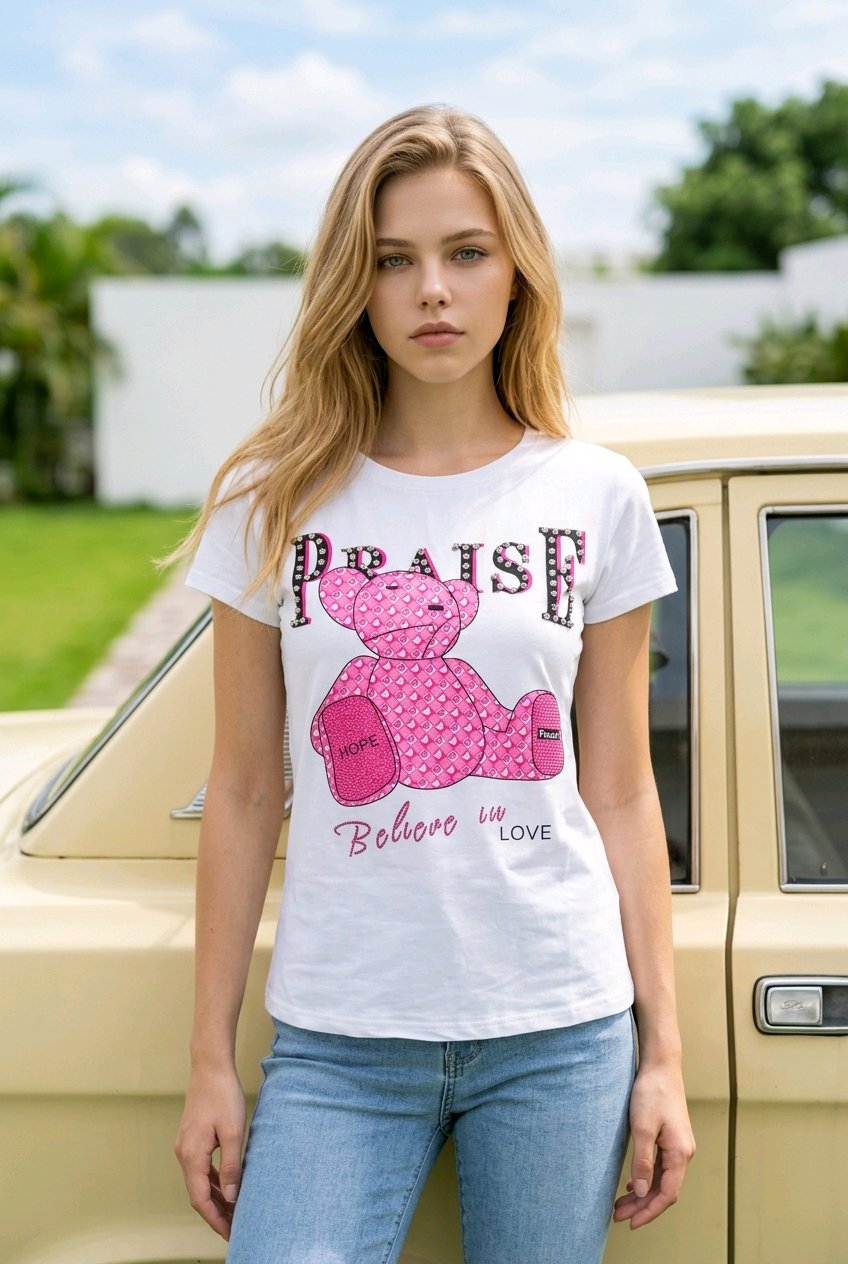 T-Shirt Με Print Αρκουδάκι Και Στρας