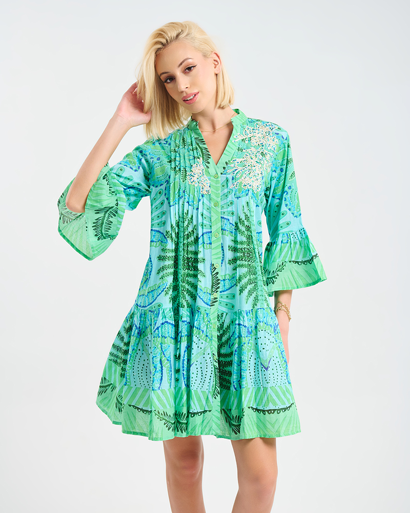 Φόρεμα BLE με Tropical Print & Βολάν Μανίκια