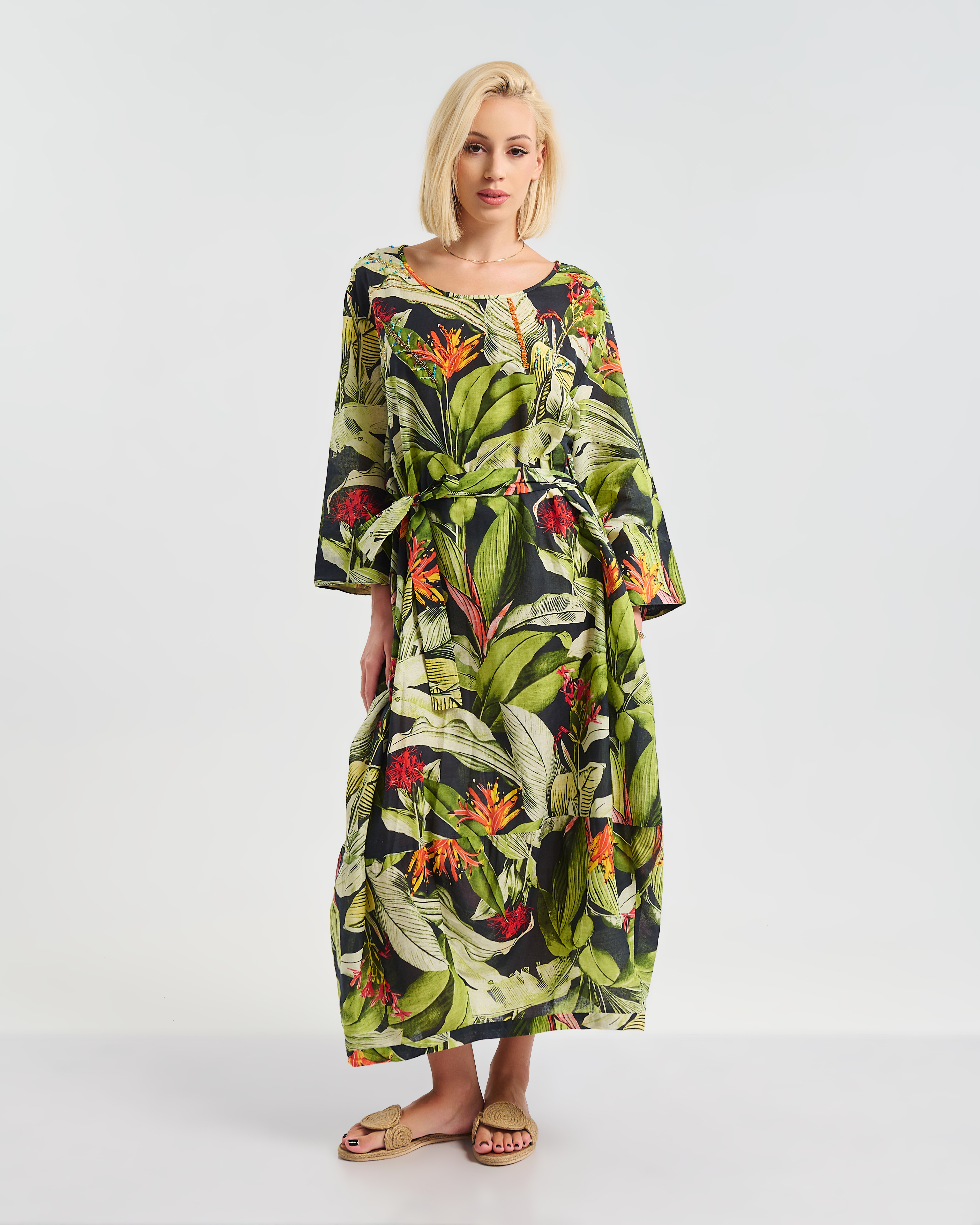 Φόρεμα BLE Maxi Με Ζώνη & Εξωτικά Φύλλα