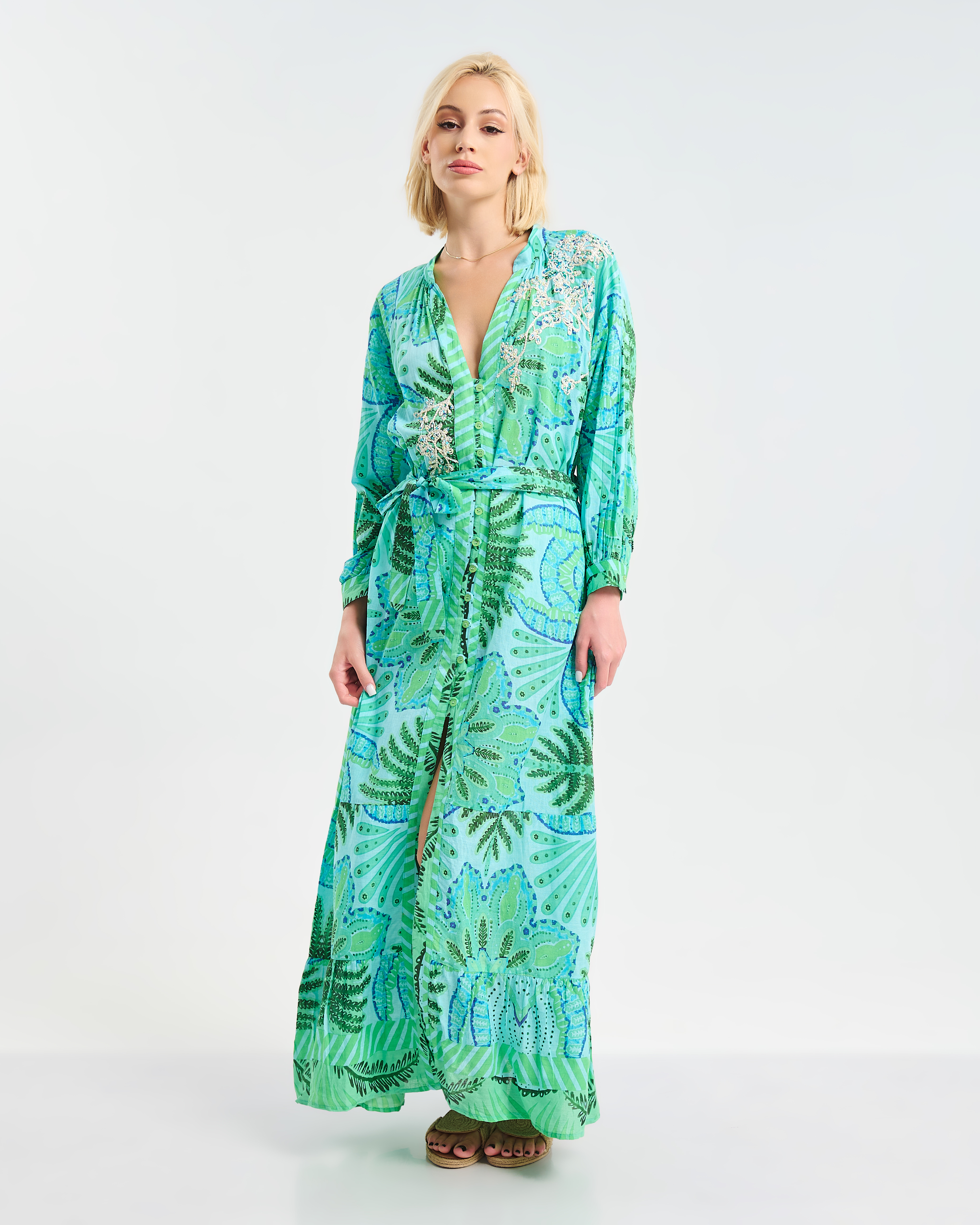 Φόρεμα BLE Maxi Με Tropical Σχέδια Και Ζώνη