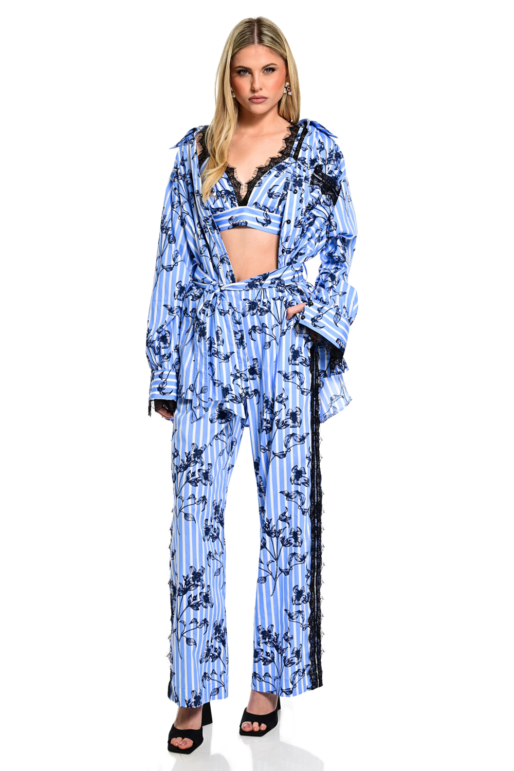 Παντελόνι WECOSS Ριγέ Με Floral Print Και Δαντέλα