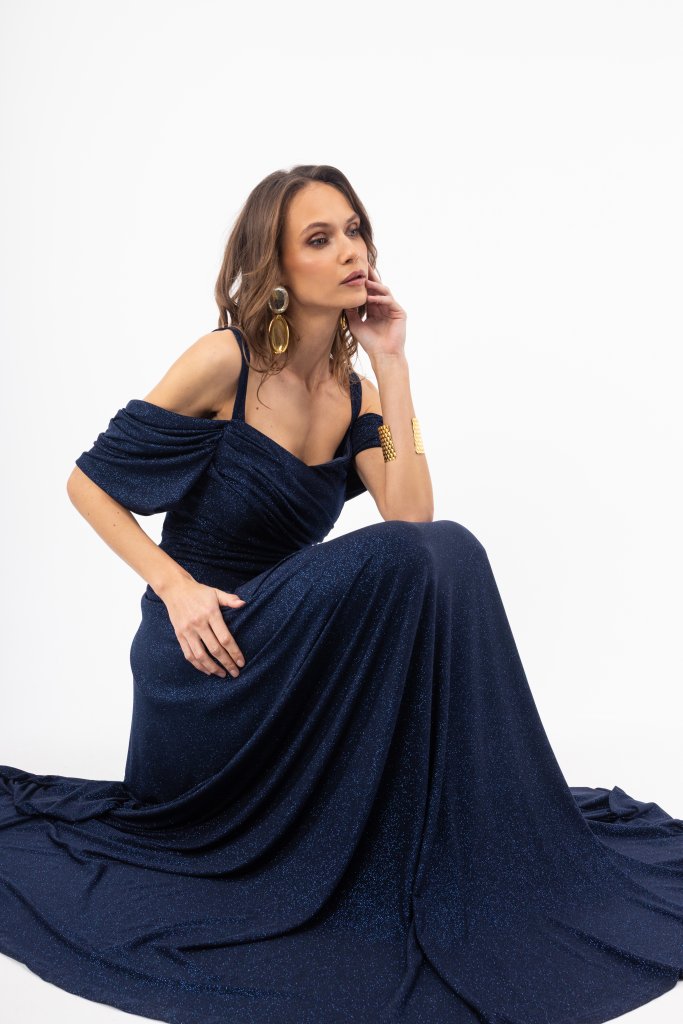 Φόρεμα OPEN Maxi Με Glitter & Off Shoulder Μανίκια