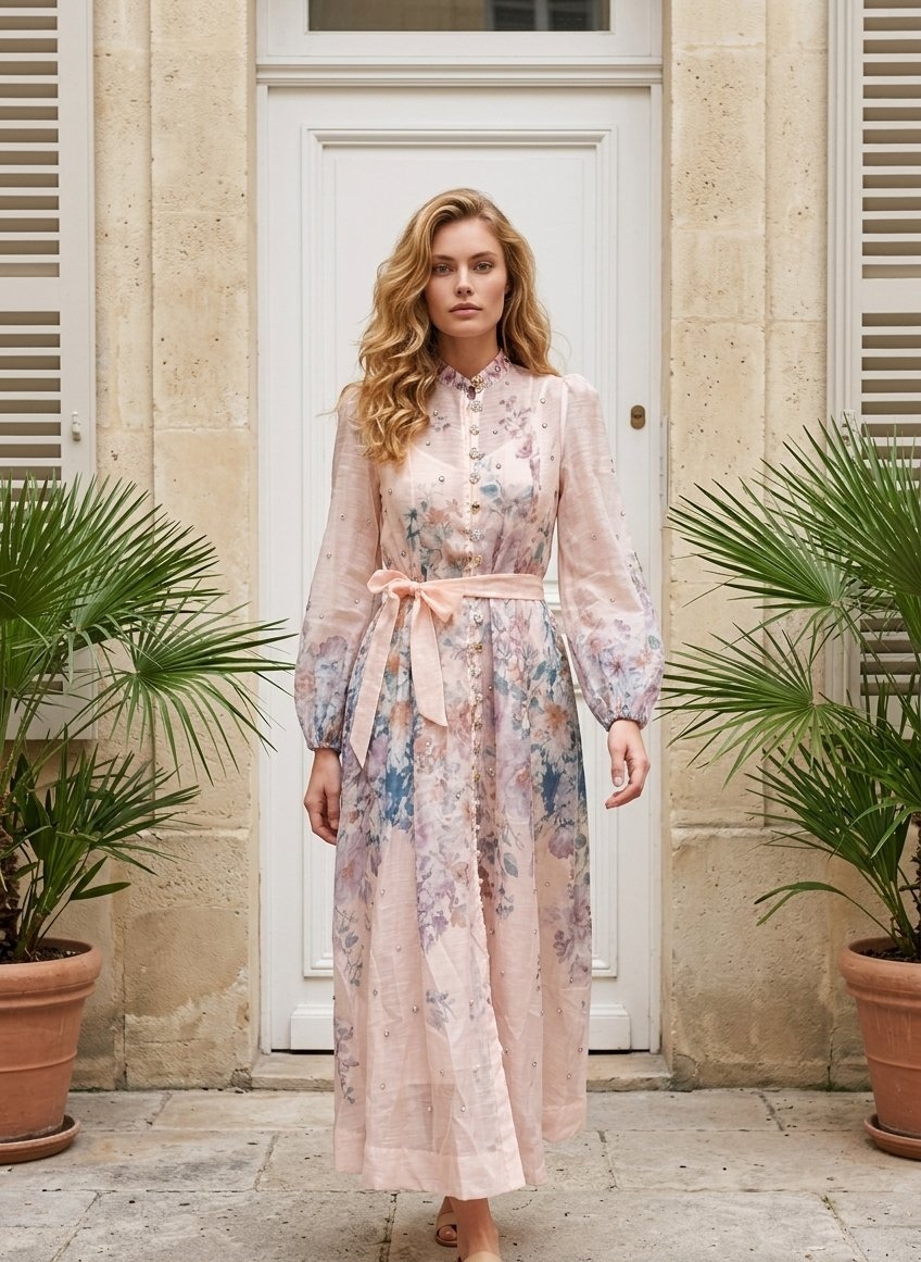 Φόρεμα Maxi Floral Με Στρας Και Ζώνη