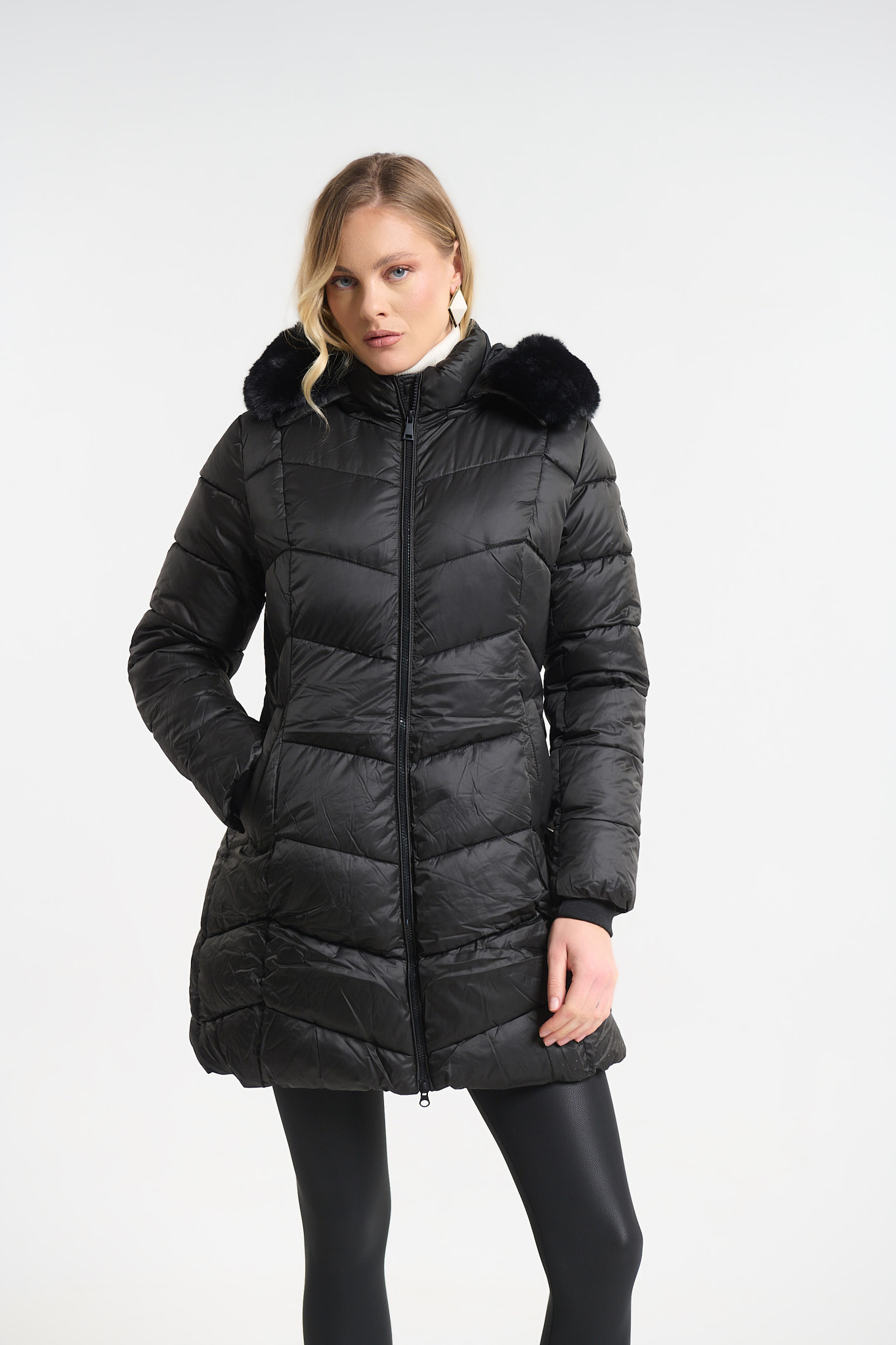 Μπουφάν Μακρύ Puffer Με Κουκούλα & Γούνα φωτογραφία