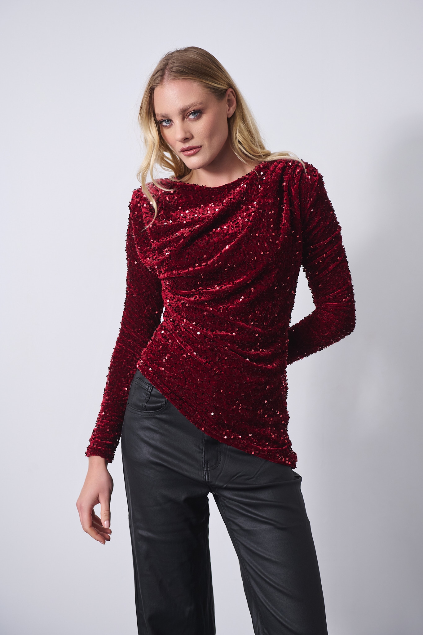 Asymmetric Velvet Sequin Draped Top