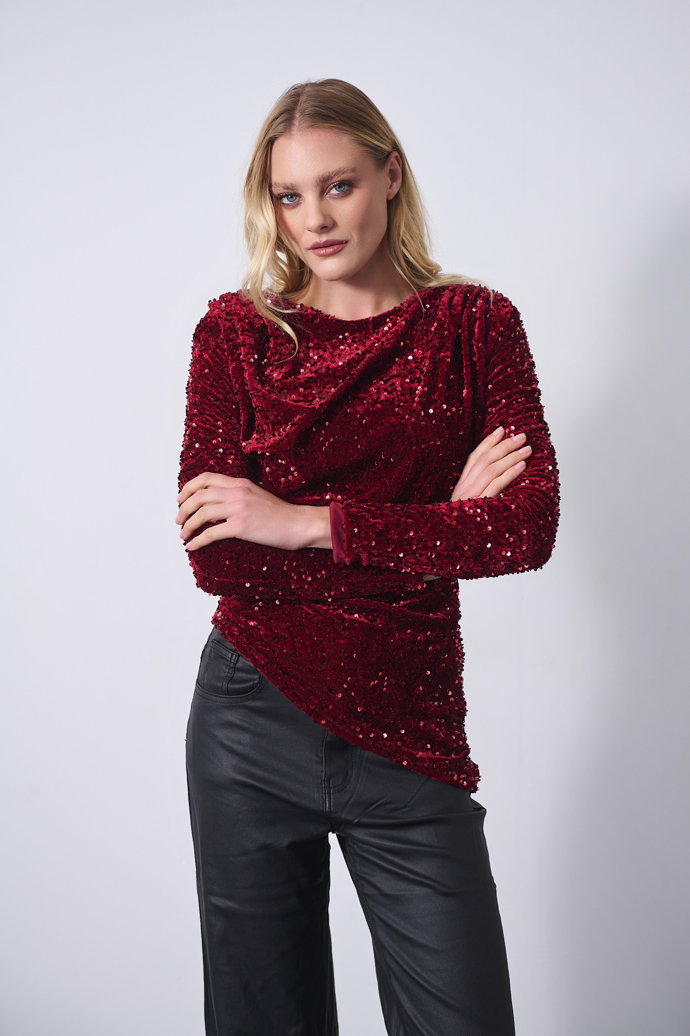 Asymmetric Velvet Sequin Draped Top