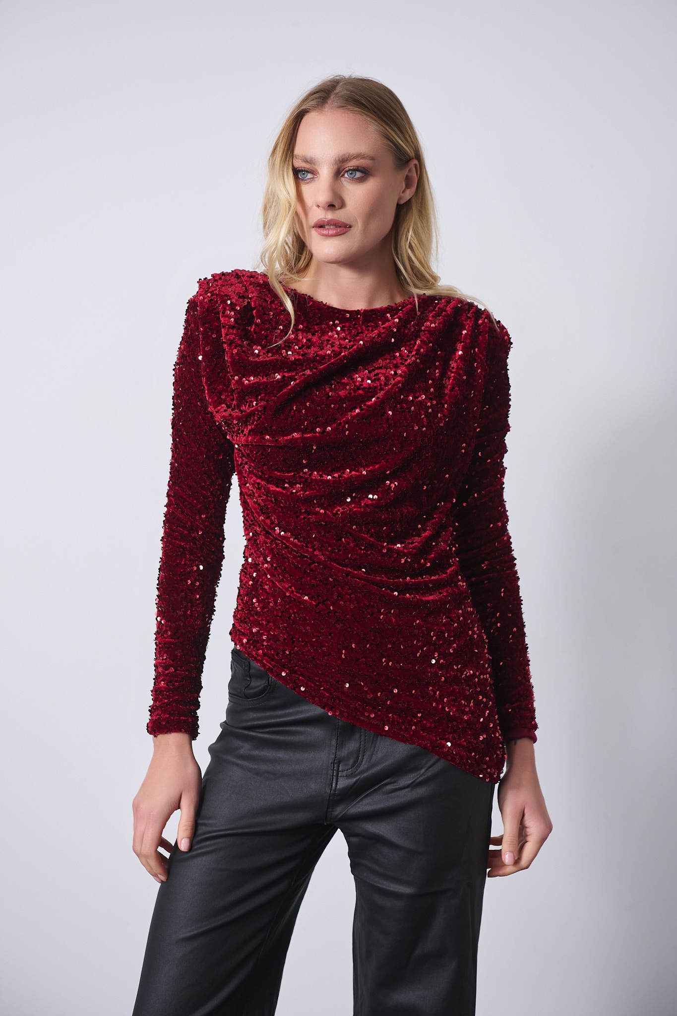 Asymmetric Velvet Sequin Draped Top