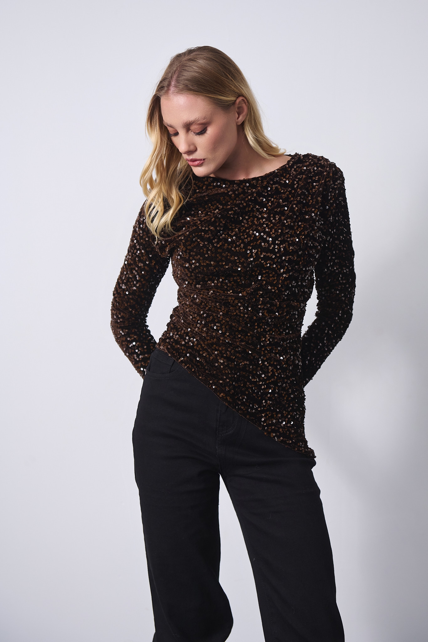 Asymmetric Velvet Sequin Draped Top
