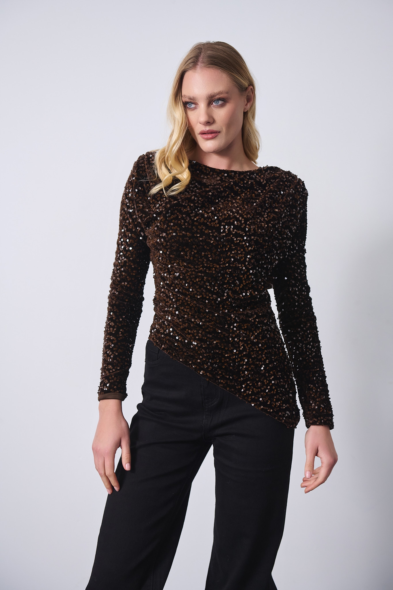 Asymmetric Velvet Sequin Draped Top