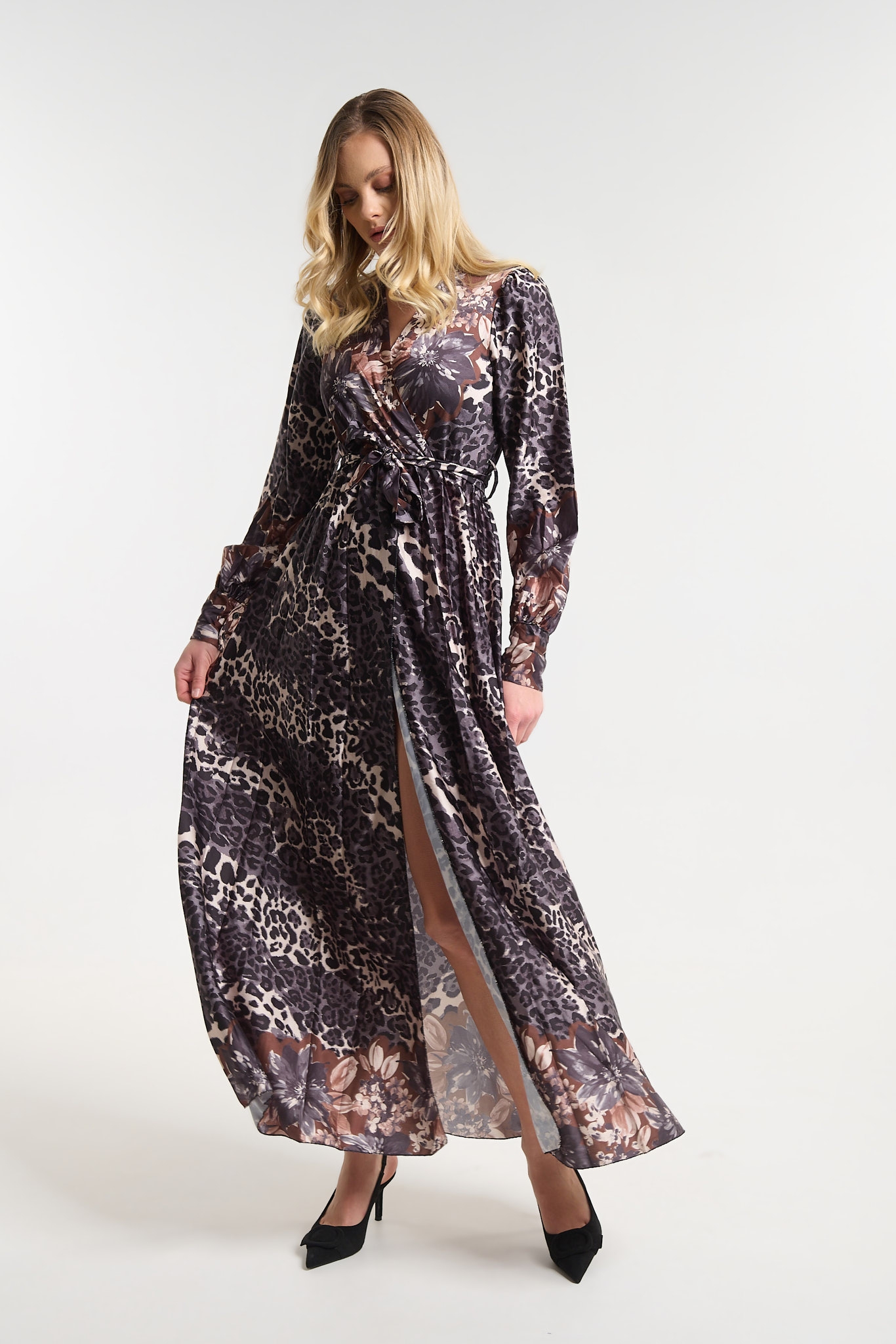 Φόρεμα Μακρύ Animal Print με Floral Λεπτομέρειες 
