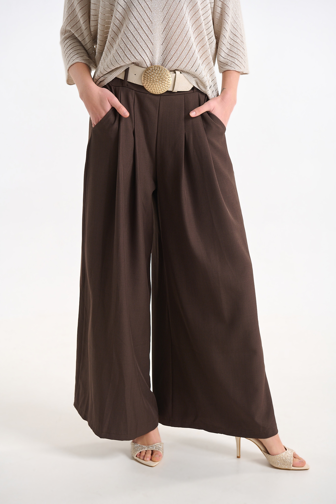 Wide Leg High-Waist Trousers with Belt Detail