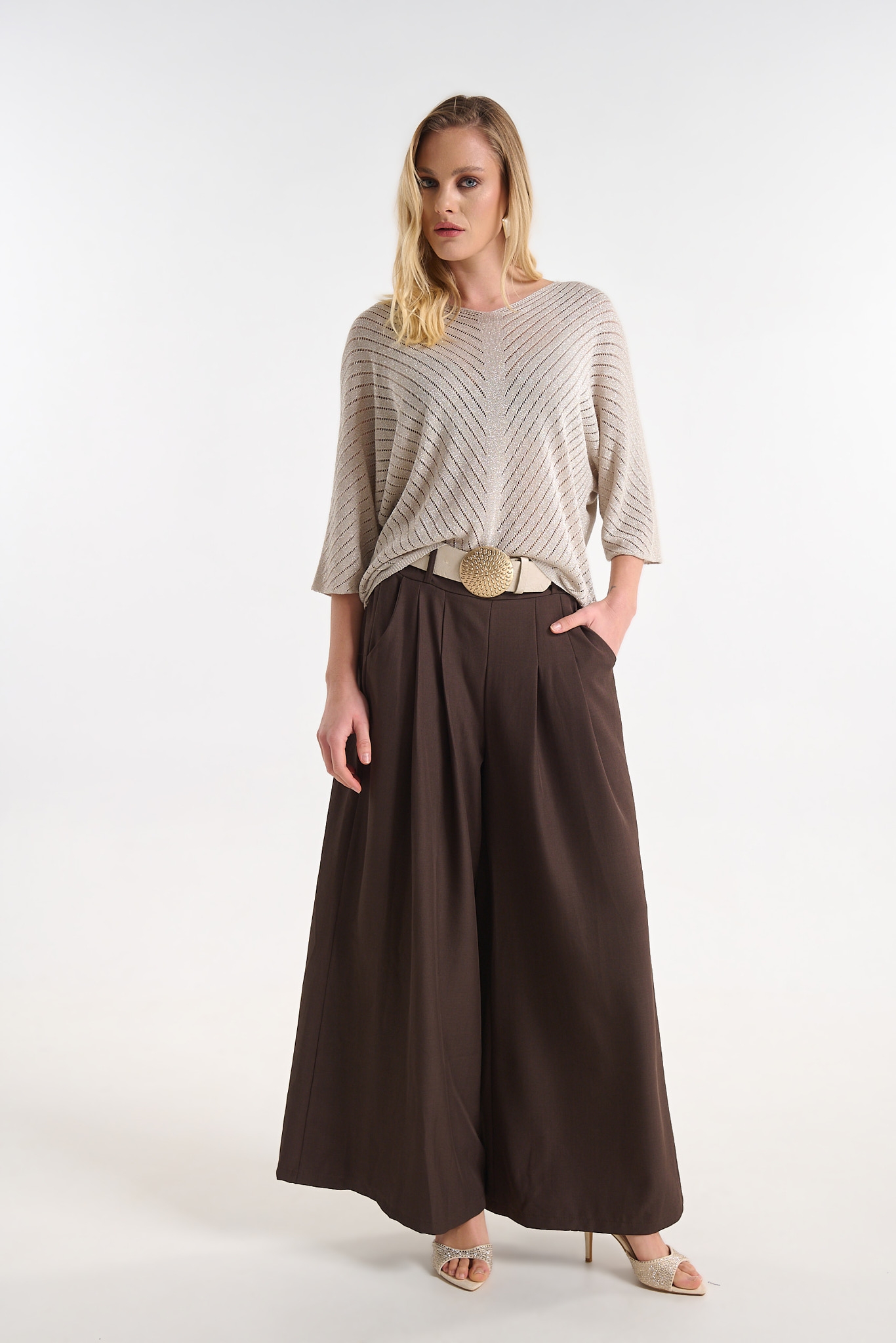 Wide Leg High-Waist Trousers with Belt Detail