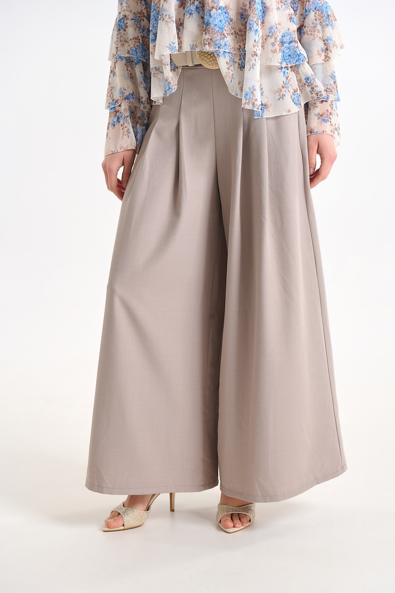Wide Leg High-Waist Trousers with Belt Detail