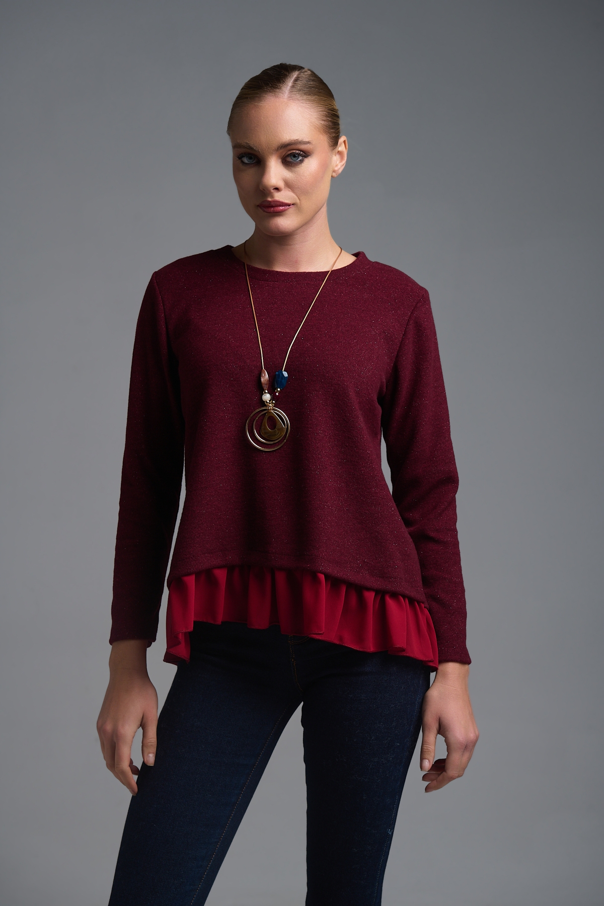 Μπλούζα Lurex Με Βολάν & Κολιέ