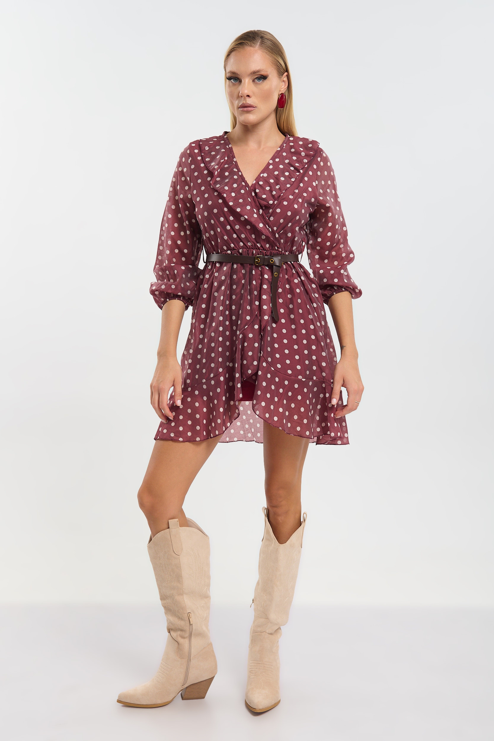 Kellys Shop & Accessories | Polka Dot Wrap Mini Dress with Ruffles & Faux  Leather Bel - ekellys