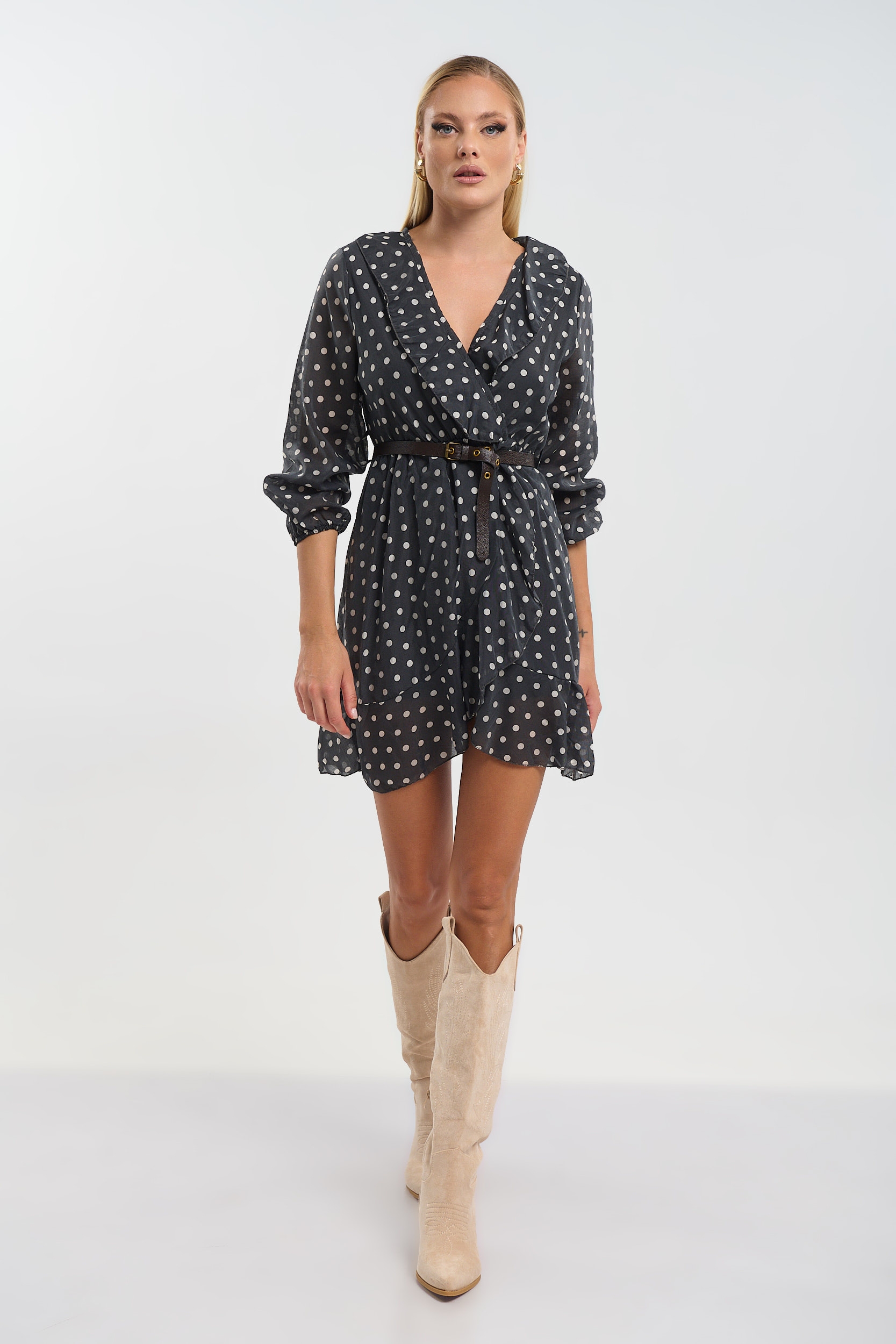 Φόρεμα Μίνι  Κρουαζέ Πουά Με Ζώνη