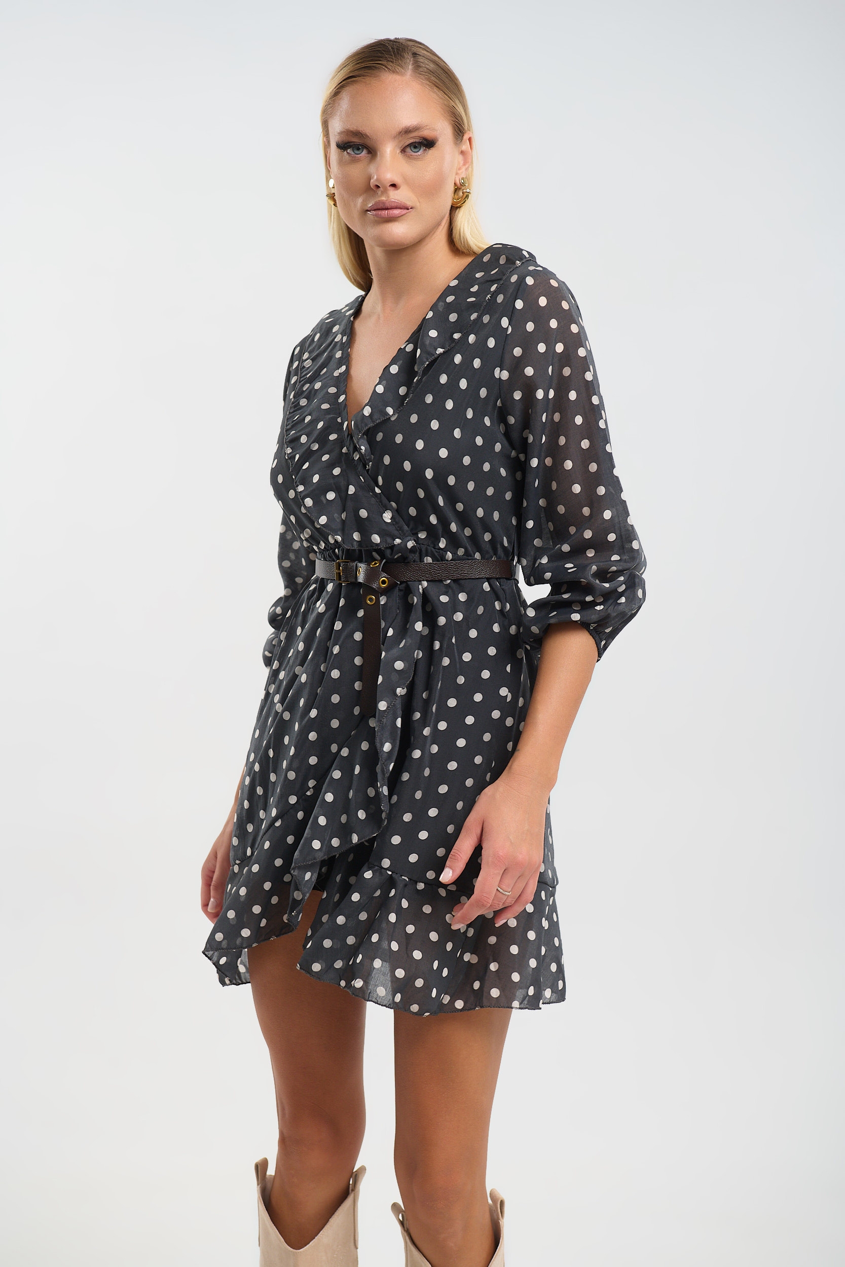 Φόρεμα Μίνι  Κρουαζέ Πουά Με Ζώνη