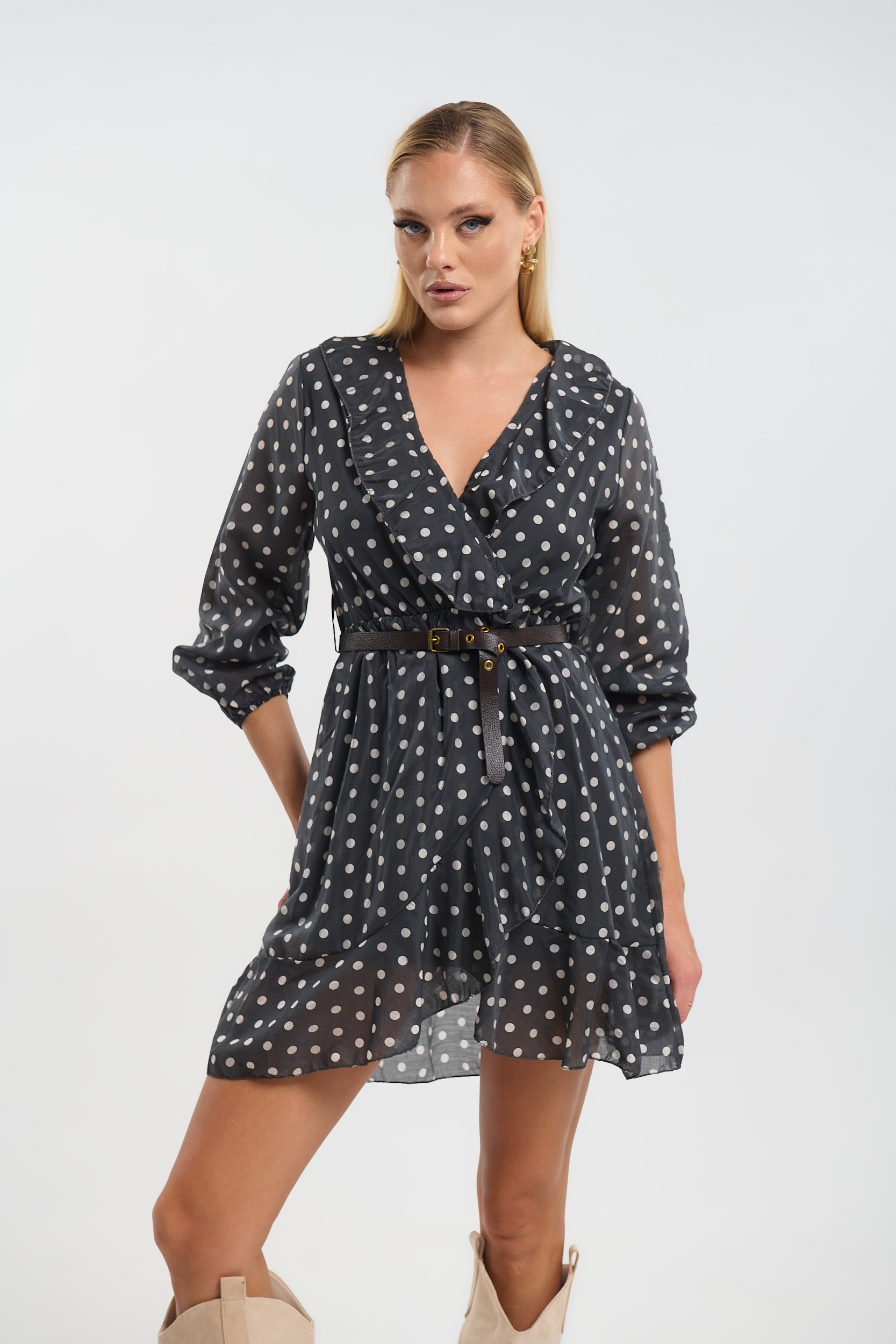 Φόρεμα Μίνι  Κρουαζέ Πουά Με Ζώνη