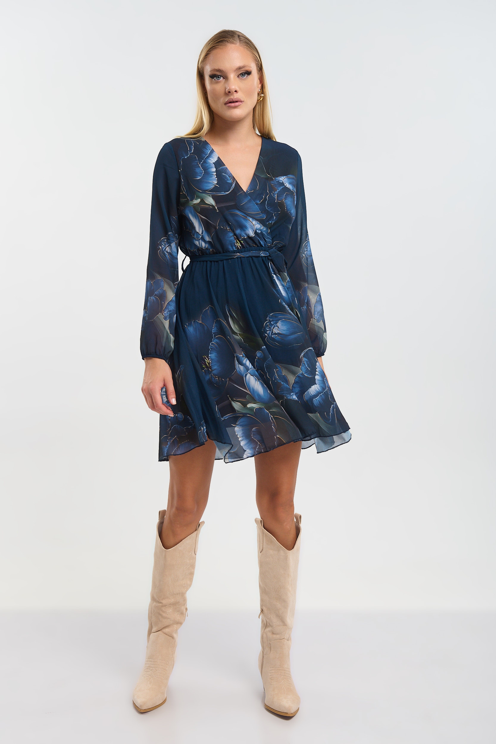 Φόρεμα  Μίνι Κρουαζέ Με Ζώνη & Φόδρα