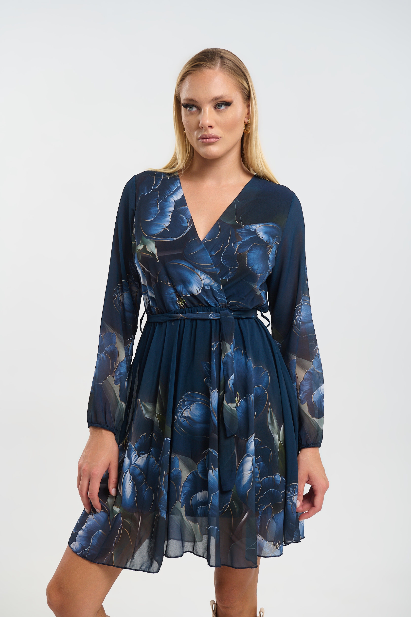 Φόρεμα  Μίνι Κρουαζέ Με Ζώνη & Φόδρα