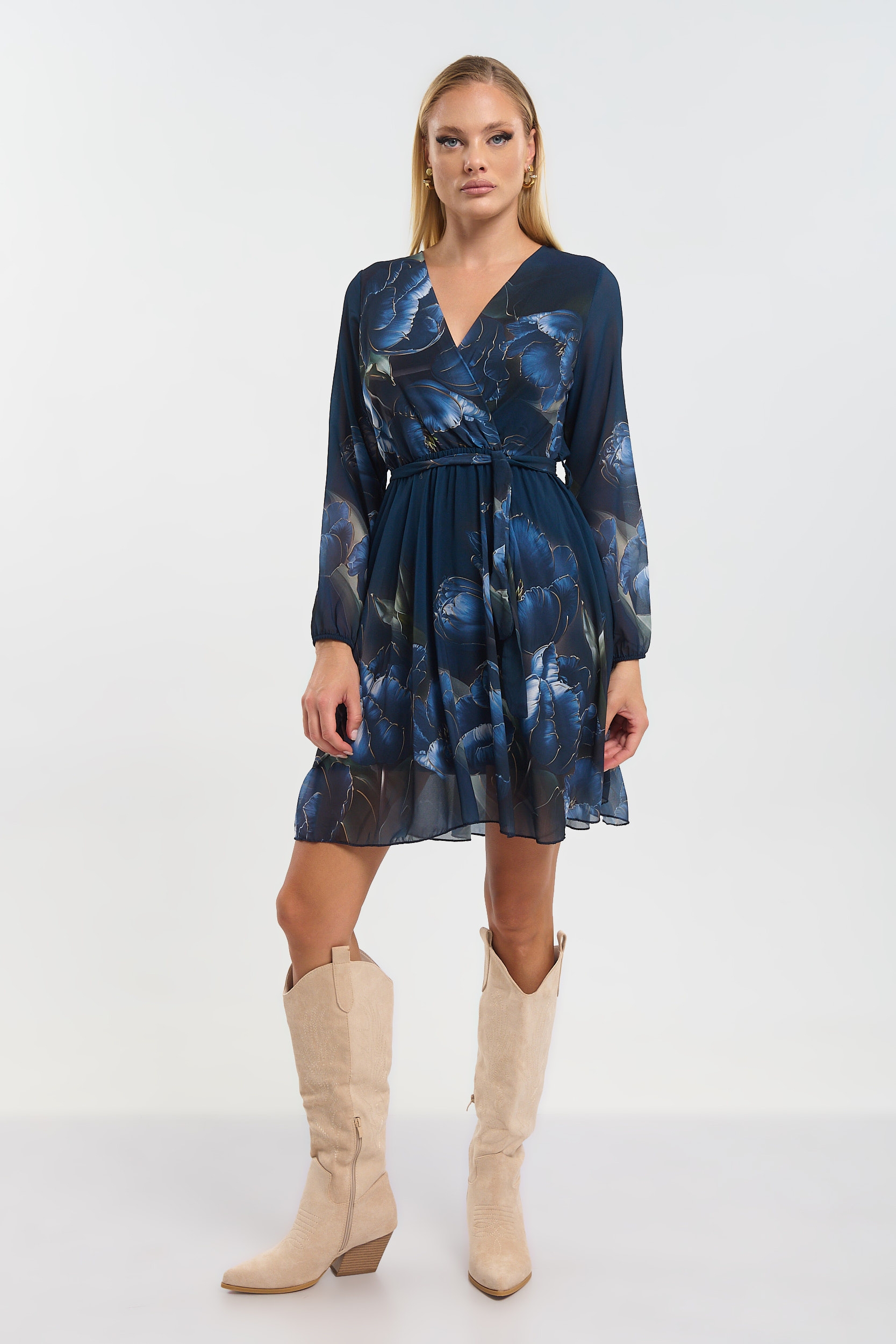 Φόρεμα  Μίνι Κρουαζέ Με Ζώνη & Φόδρα