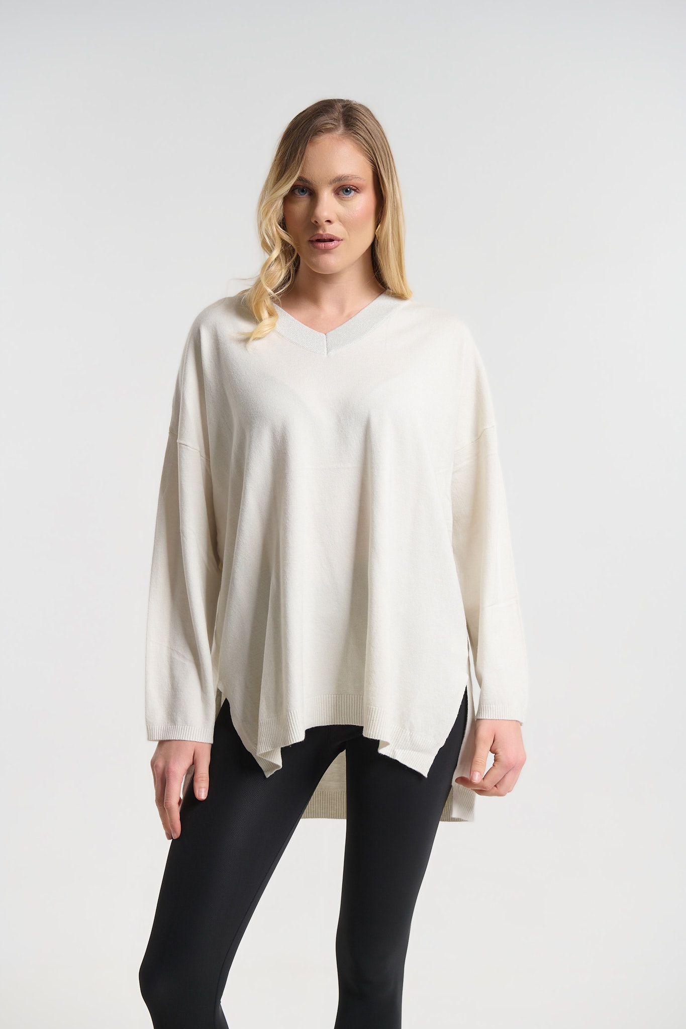 Μπλούζα Πλεκτή Oversized Με V Λαιμόκοψη