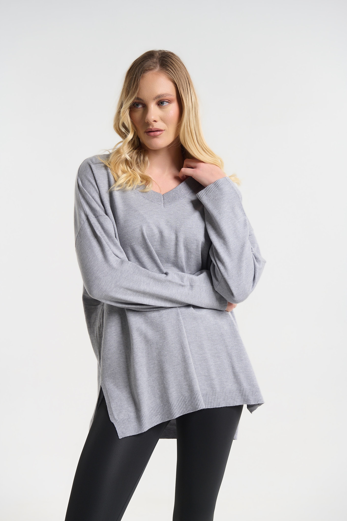 Μπλούζα Πλεκτή Oversized Με V Λαιμόκοψη