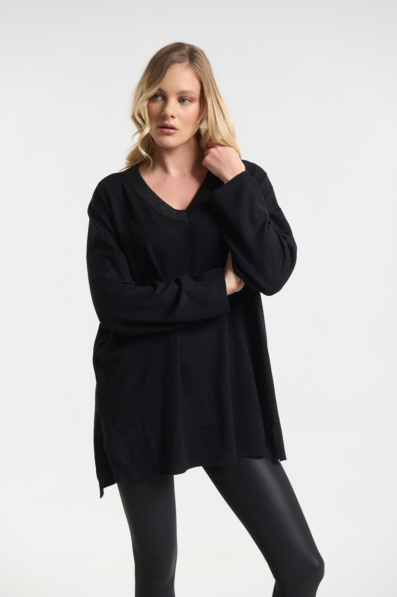 Μπλούζα Πλεκτή Oversized Με V Λαιμόκοψη