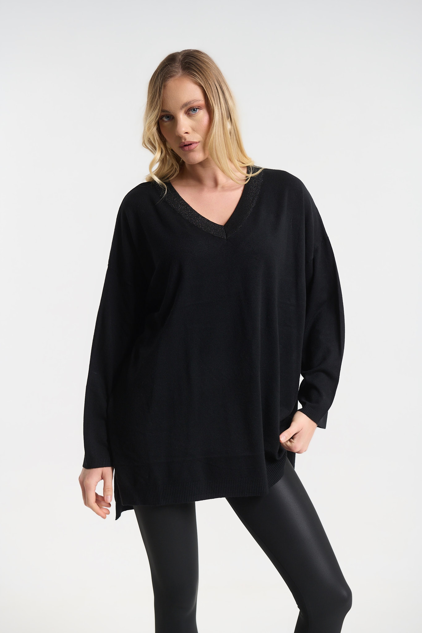 Μπλούζα Πλεκτή Oversized Με V Λαιμόκοψη