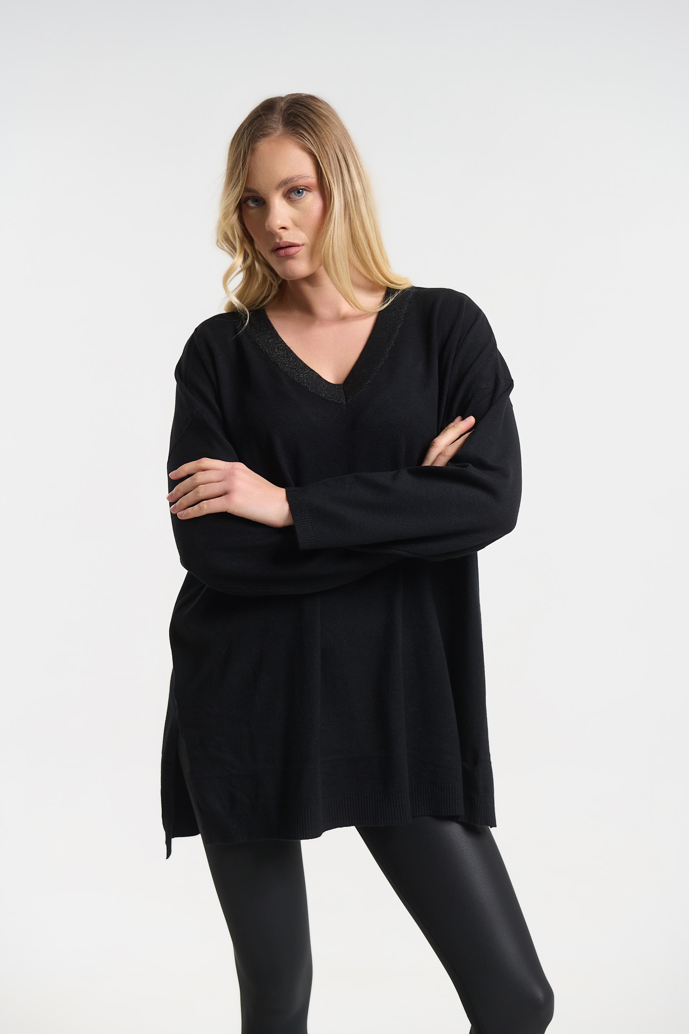 Μπλούζα Πλεκτή Oversized Με V Λαιμόκοψη