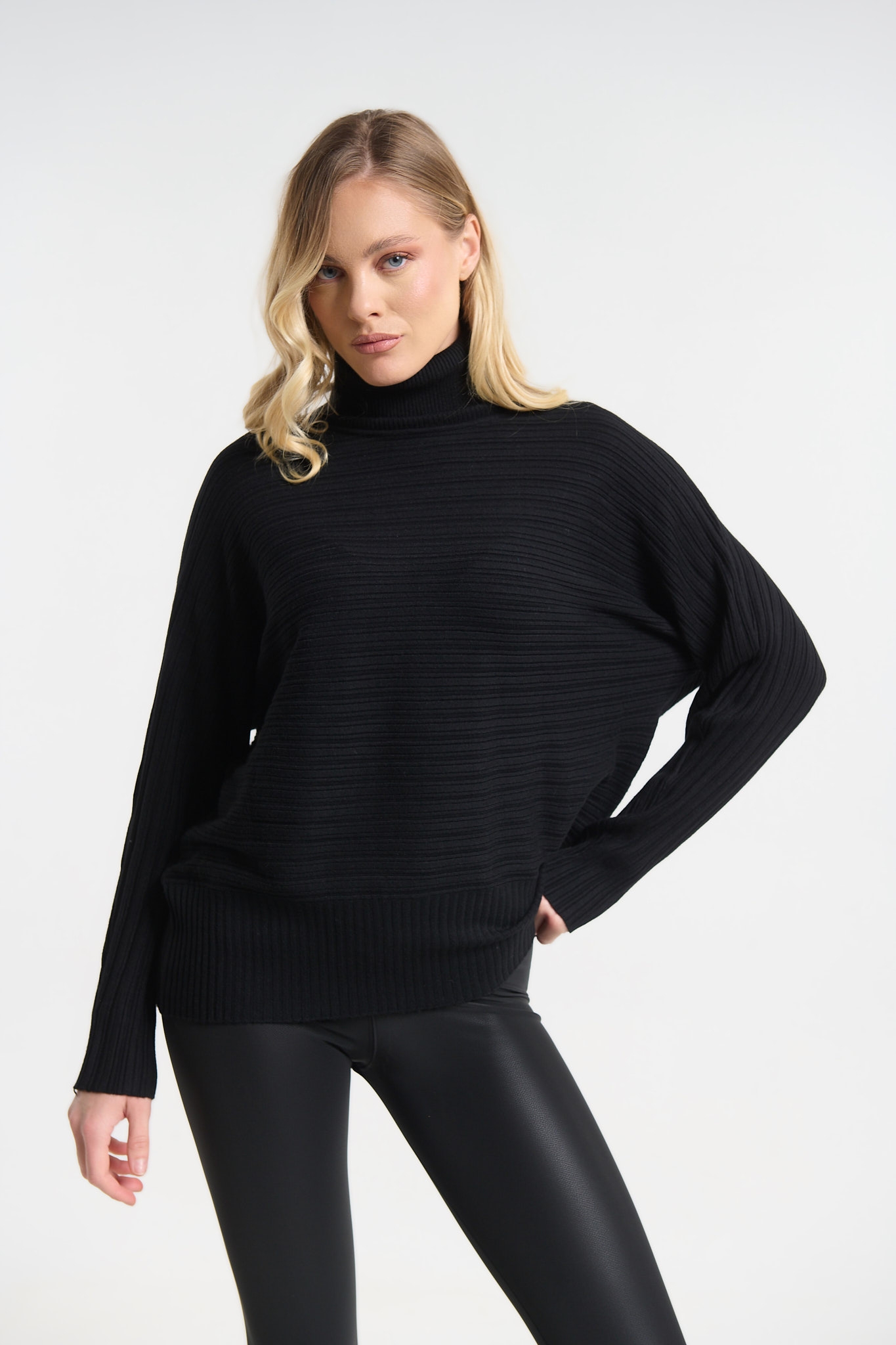 Ribbed Turtleneck Knit Top with Batwing Sleeves