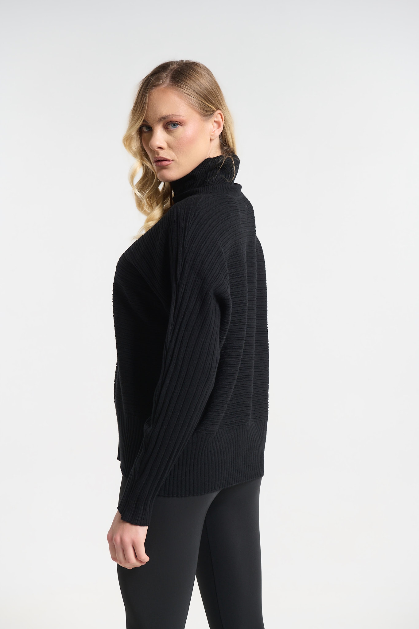 Ribbed Turtleneck Knit Top with Batwing Sleeves