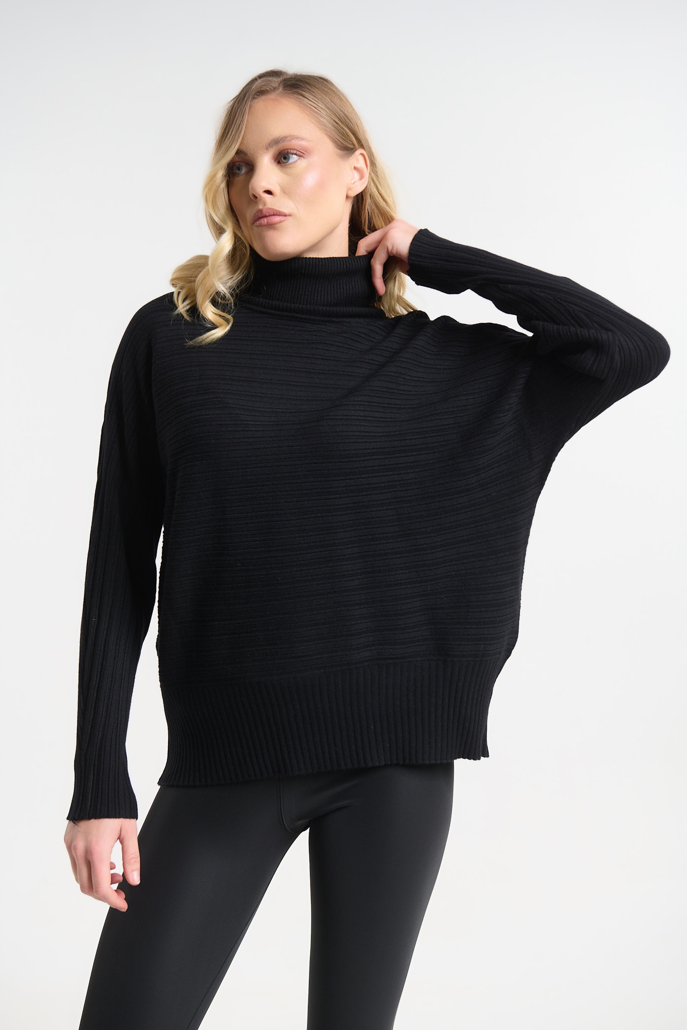 Ribbed Turtleneck Knit Top with Batwing Sleeves