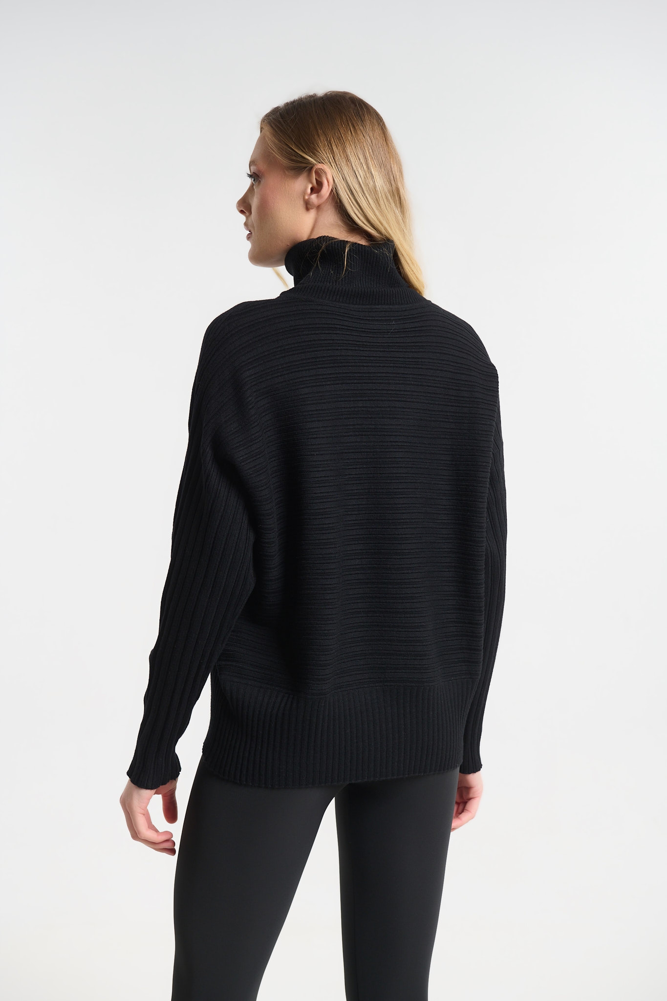 Ribbed Turtleneck Knit Top with Batwing Sleeves