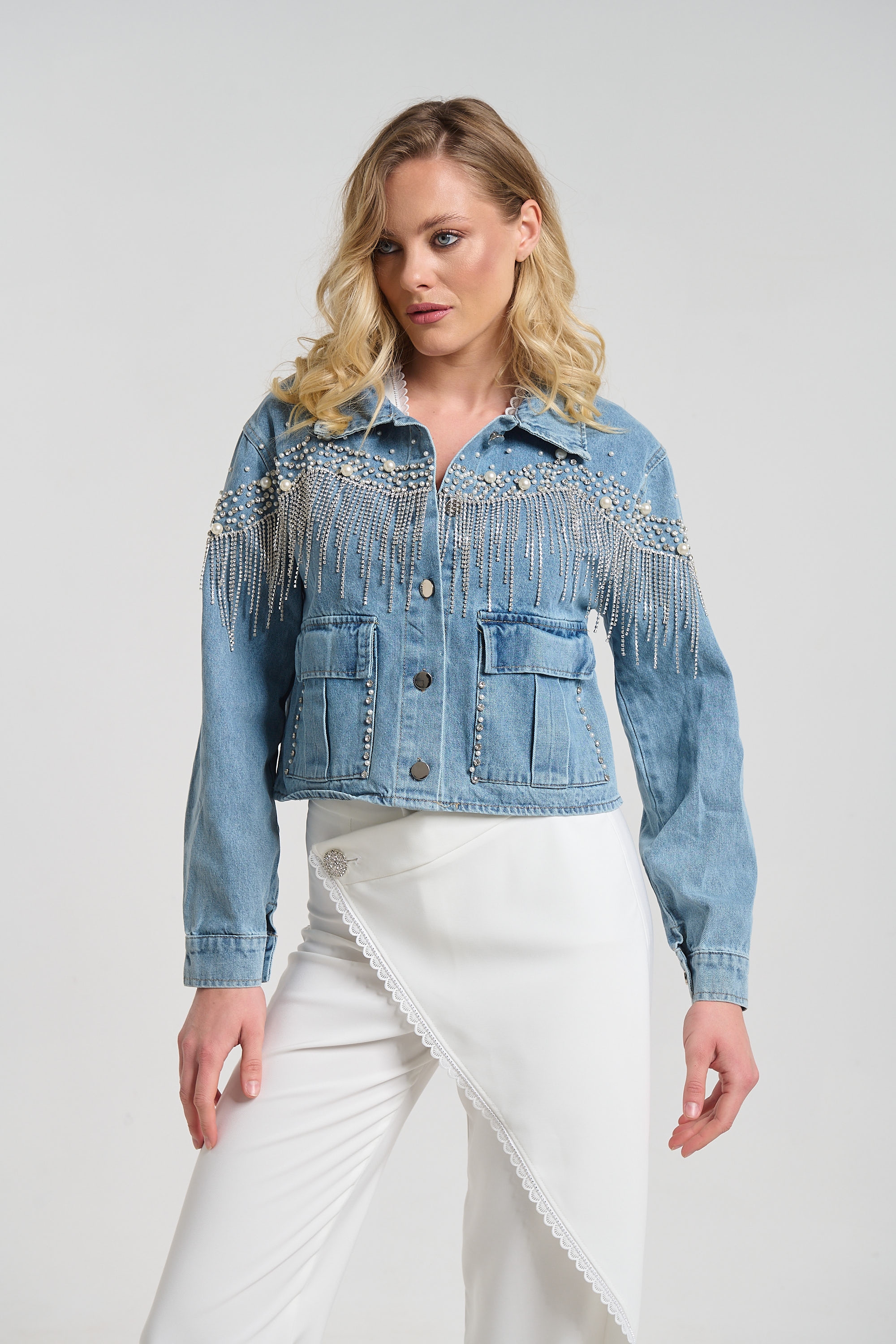 Μπουφάν Τζιν Crop Με Πέρλες & Κρυστάλλινα Κρόσσια