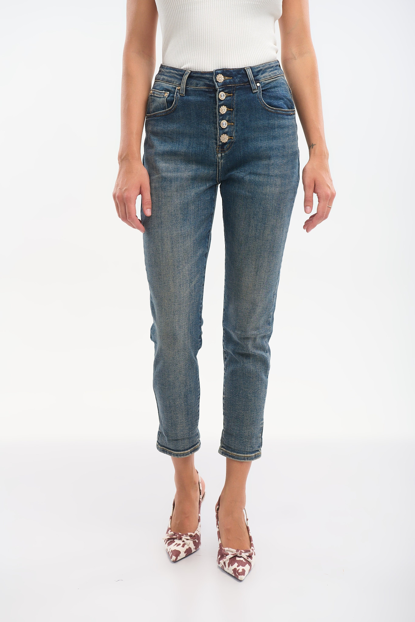 Women’s High-Waist Mom Fit Jeans with Rhinestone Buttons