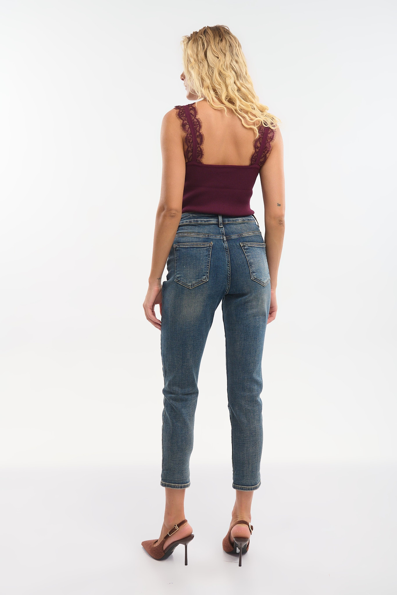 Women’s High-Waist Mom Fit Jeans with Rhinestone Buttons