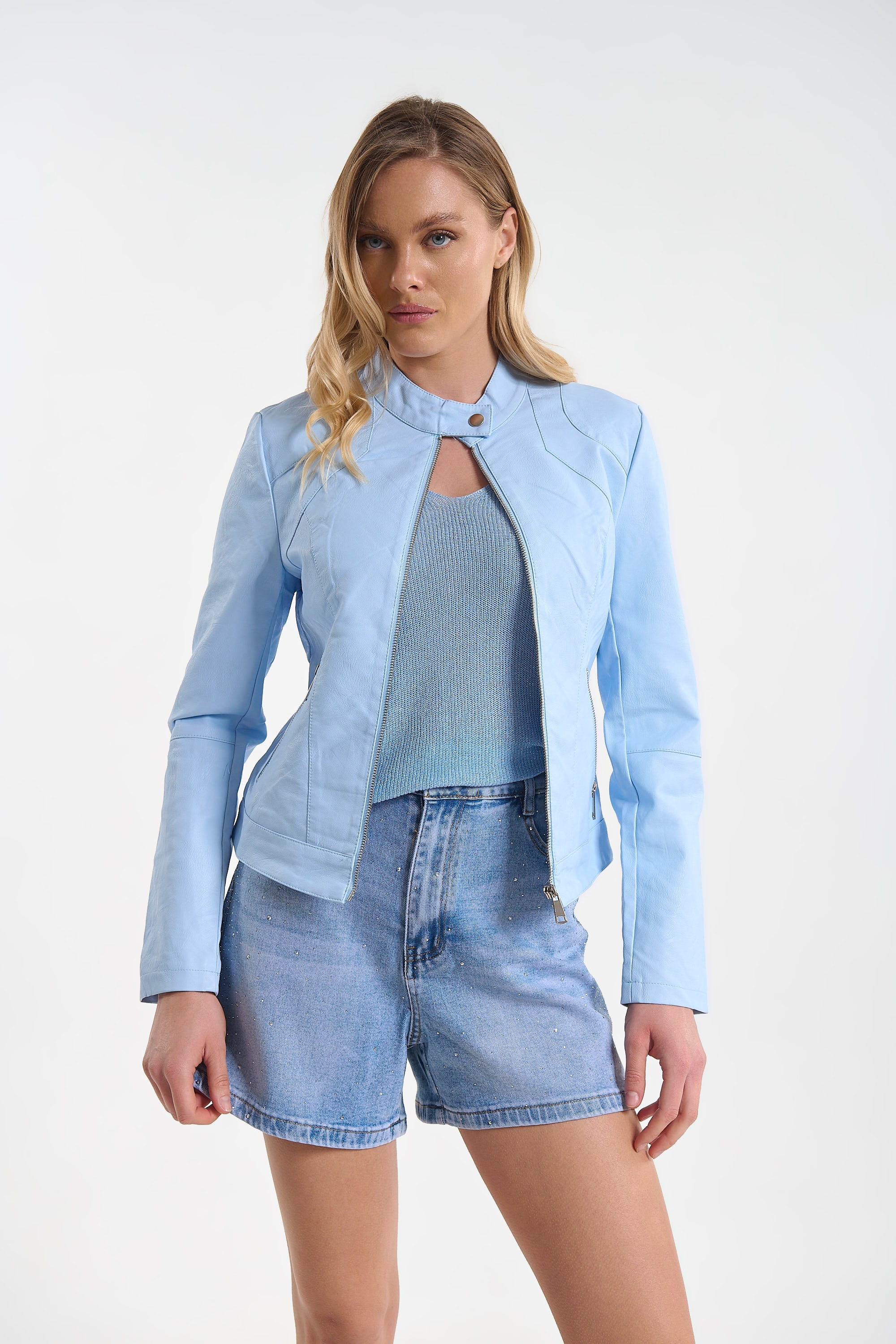 Μπουφάν Δερματίνη Με Μάο Γιακά Και Φερμουάρ