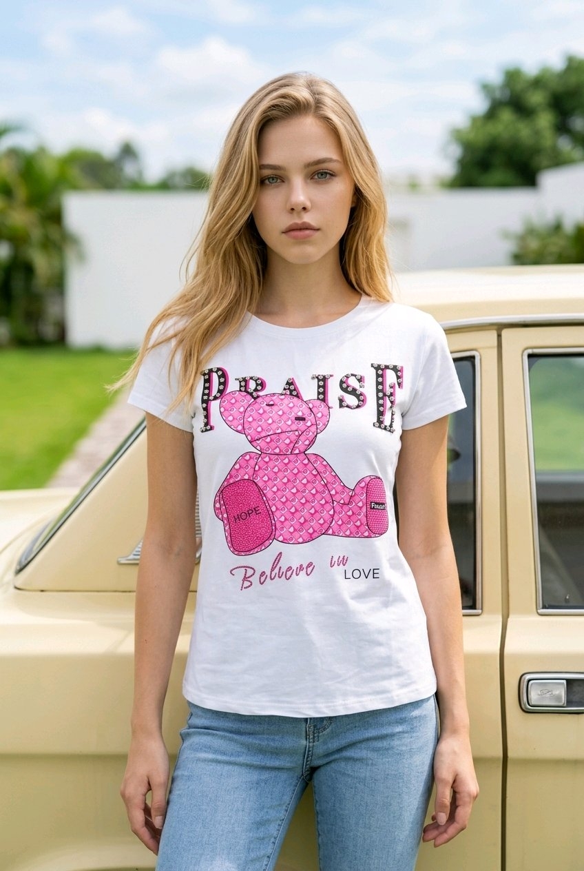 T-Shirt Με Print Αρκουδάκι Και Στρας
