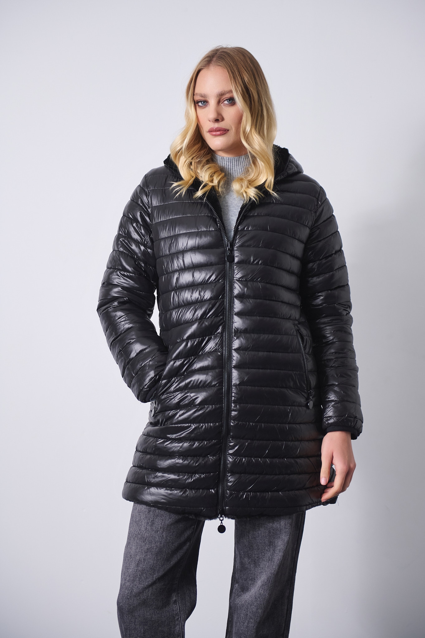 Double Face Puffer Coat with Faux Fur & Hood