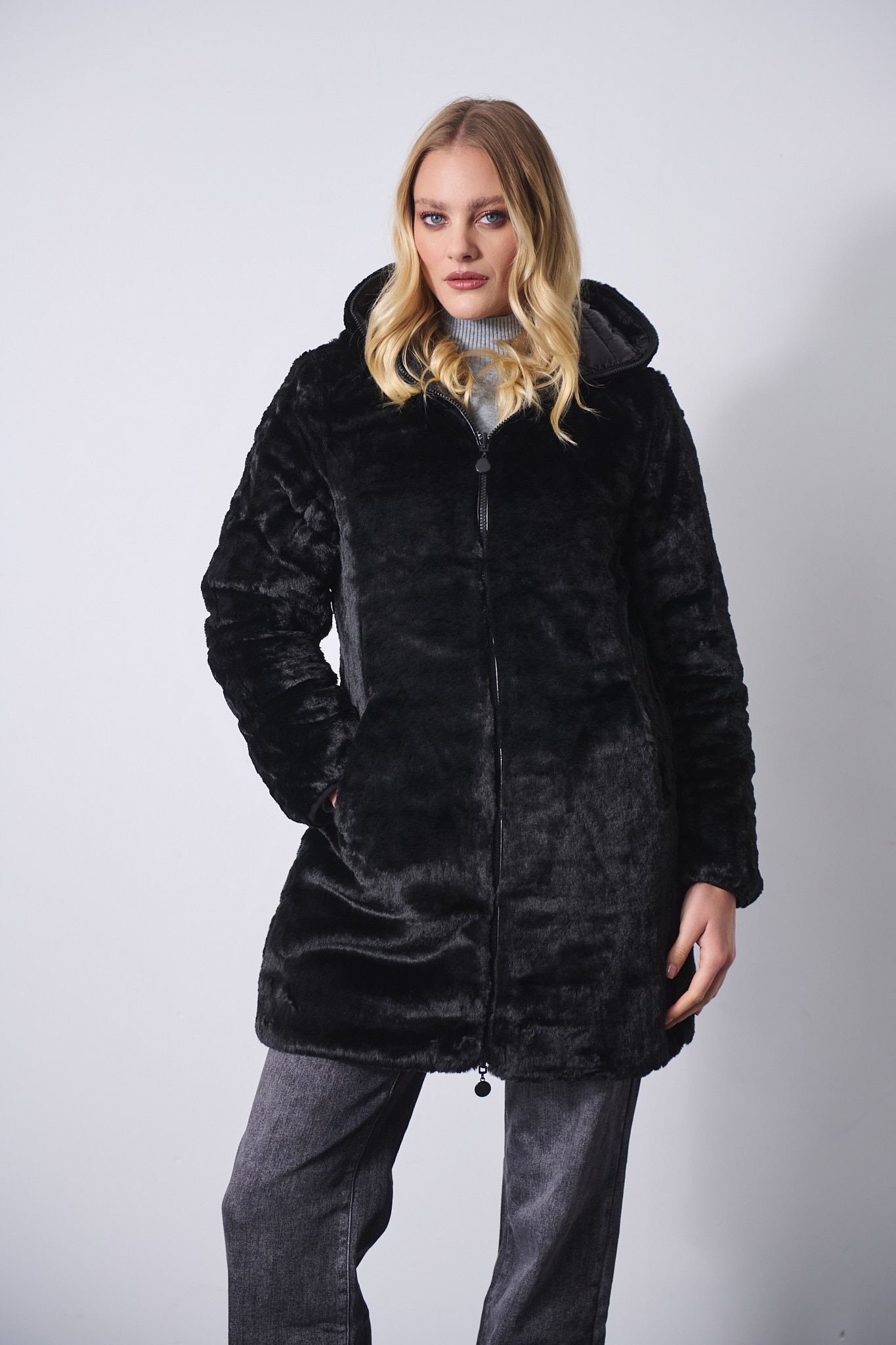 Double Face Puffer Coat with Faux Fur & Hood