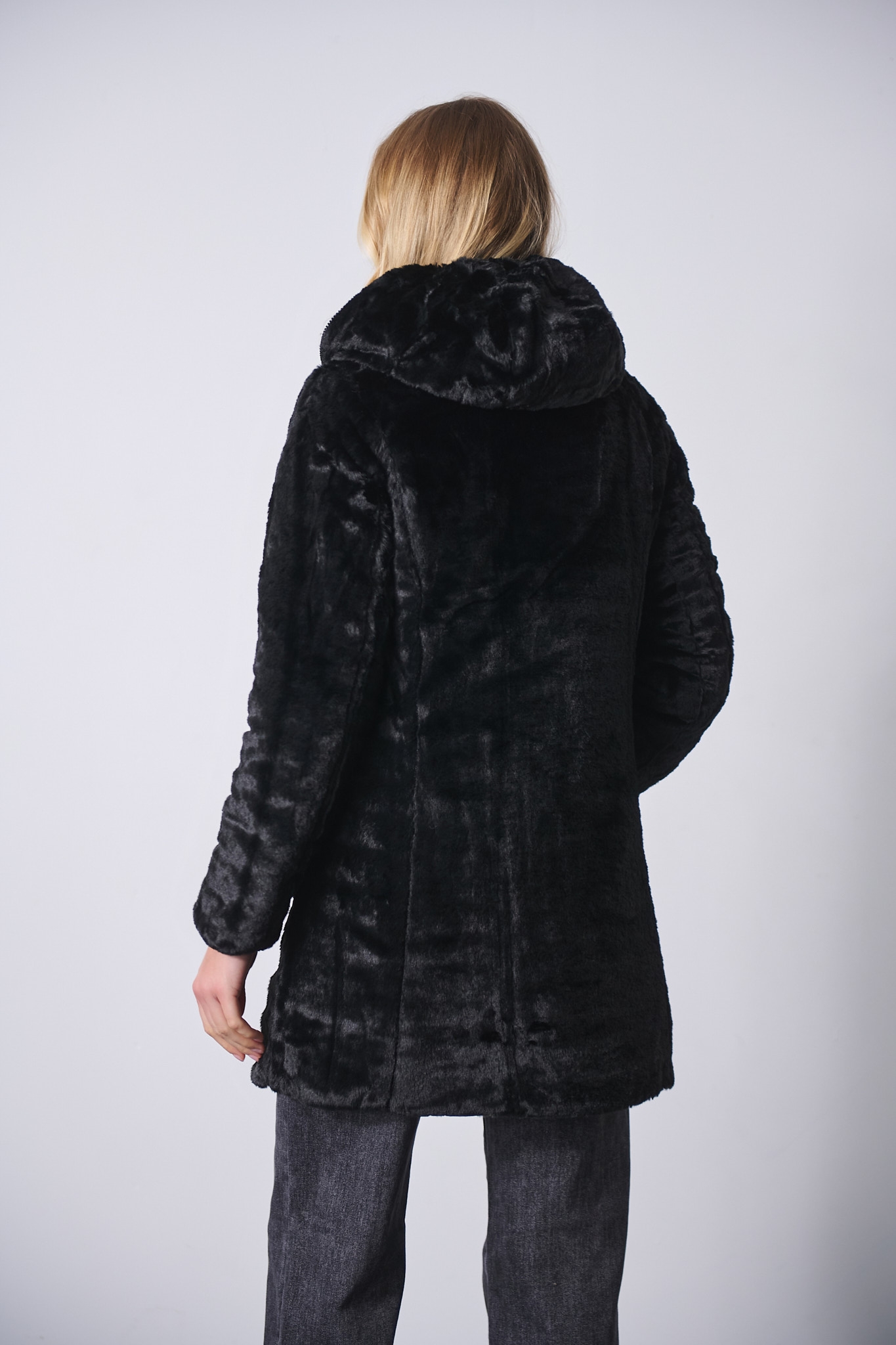 Double Face Puffer Coat with Faux Fur & Hood