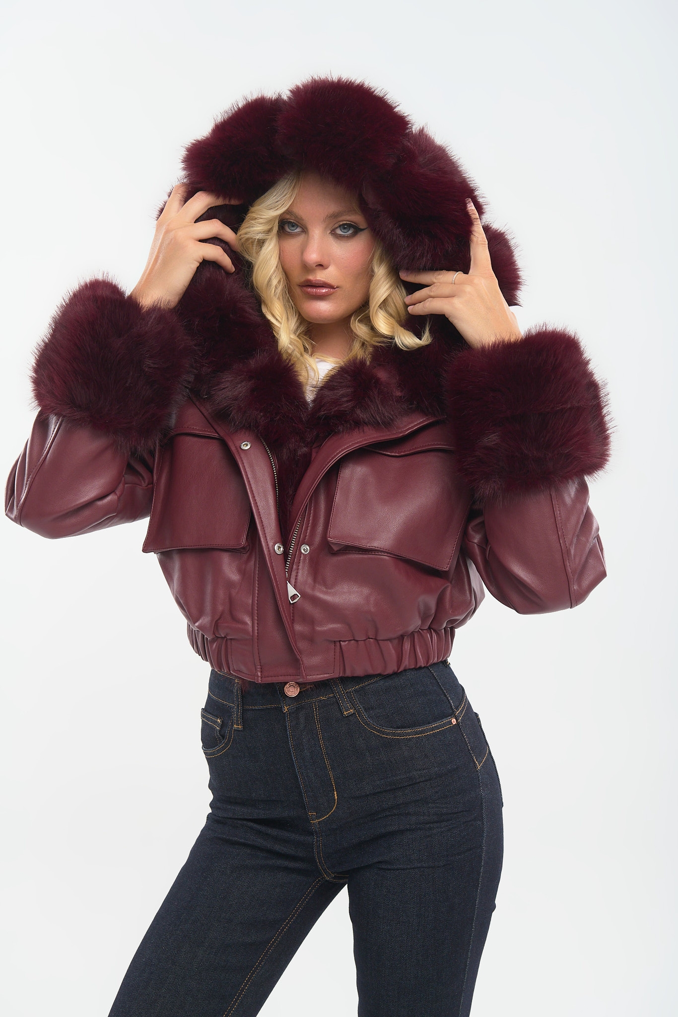 Women’s Cropped Jacket with Detachable Faux Fur Trim & Hood