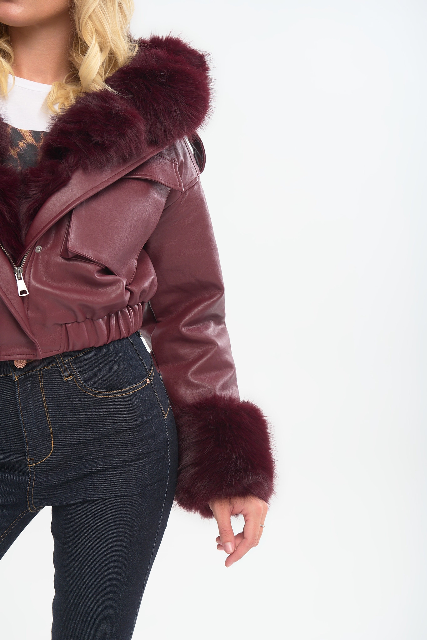 Women’s Cropped Jacket with Detachable Faux Fur Trim & Hood