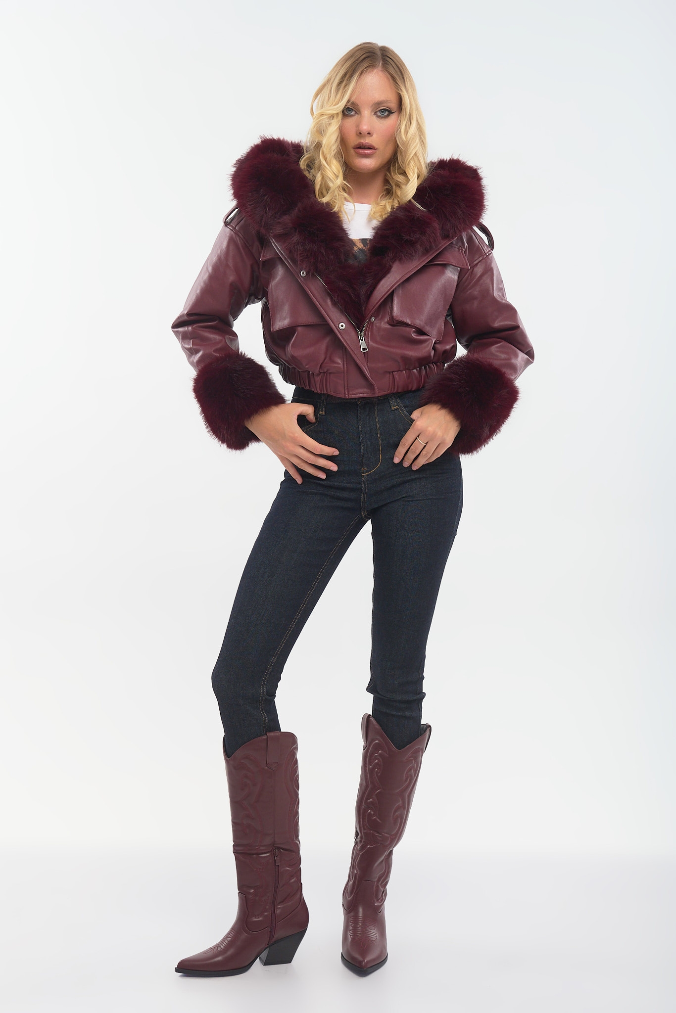 Women’s Cropped Jacket with Detachable Faux Fur Trim & Hood