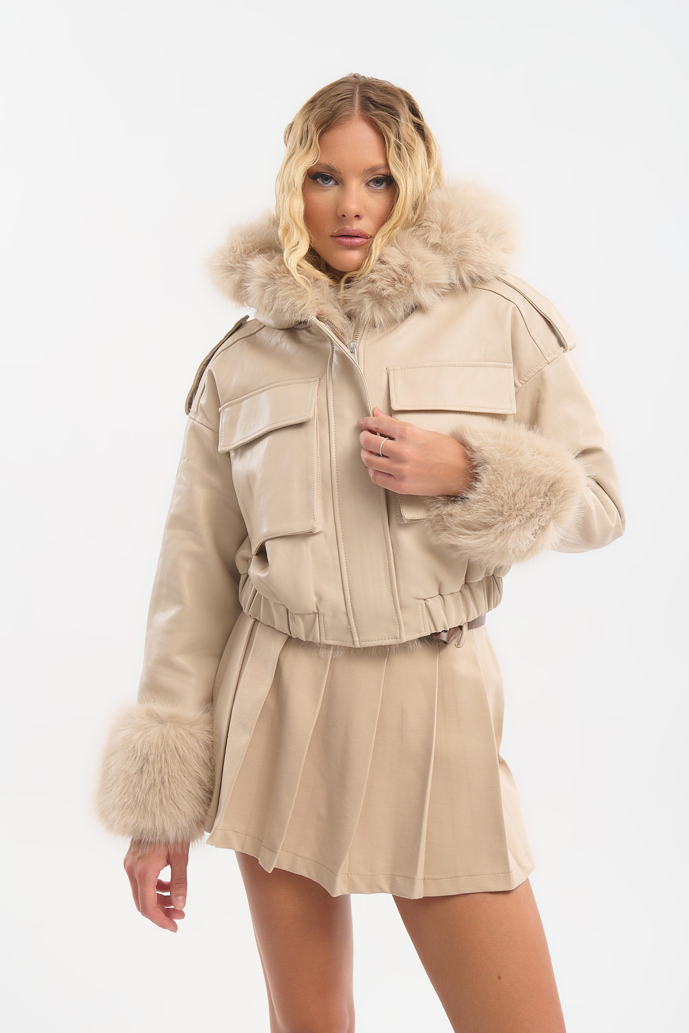 Women’s Cropped Jacket with Detachable Faux Fur Trim & Hood