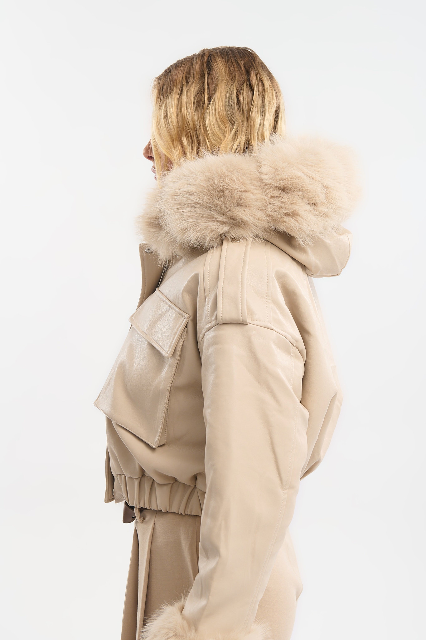 Women’s Cropped Jacket with Detachable Faux Fur Trim & Hood