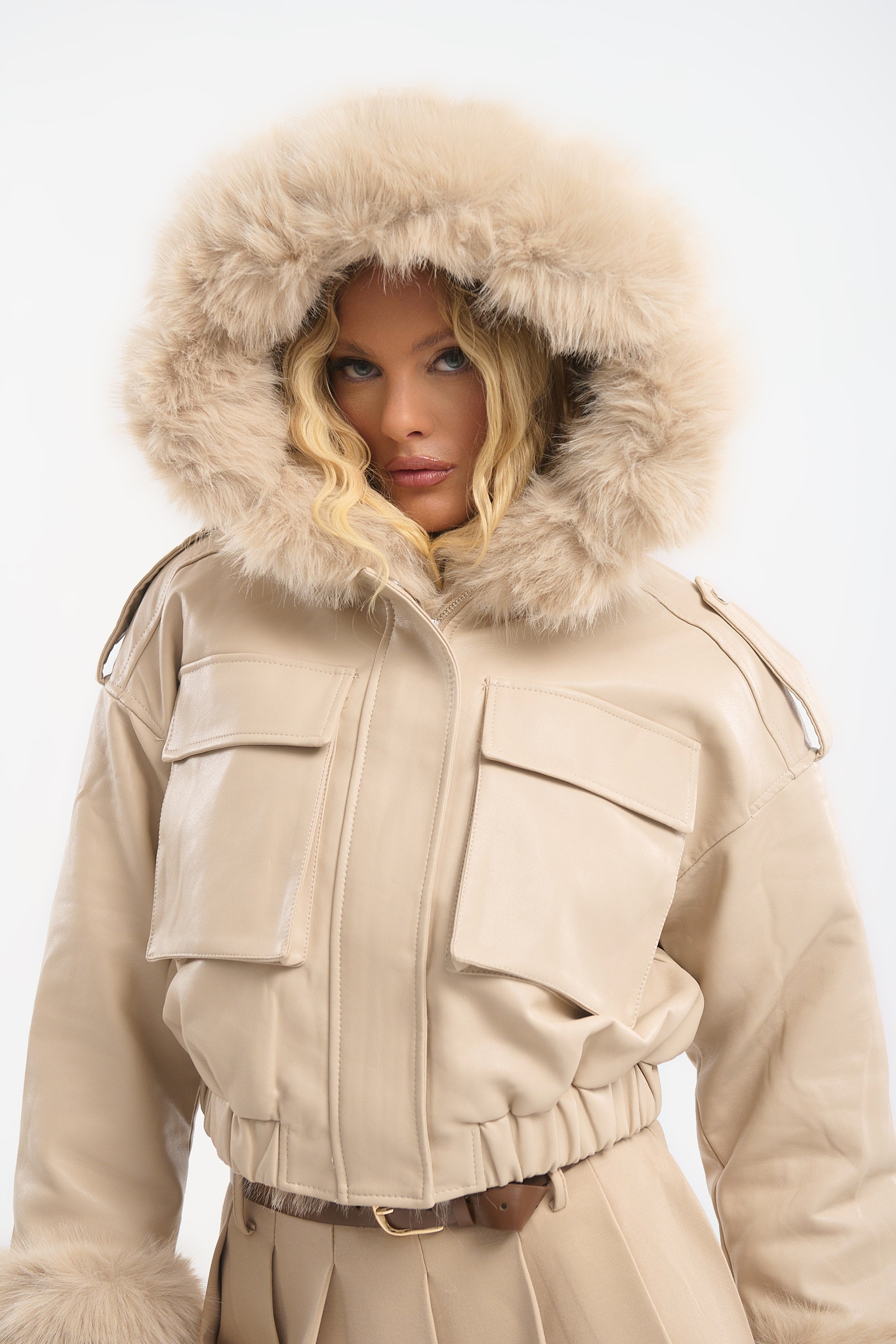 Women’s Cropped Jacket with Detachable Faux Fur Trim & Hood