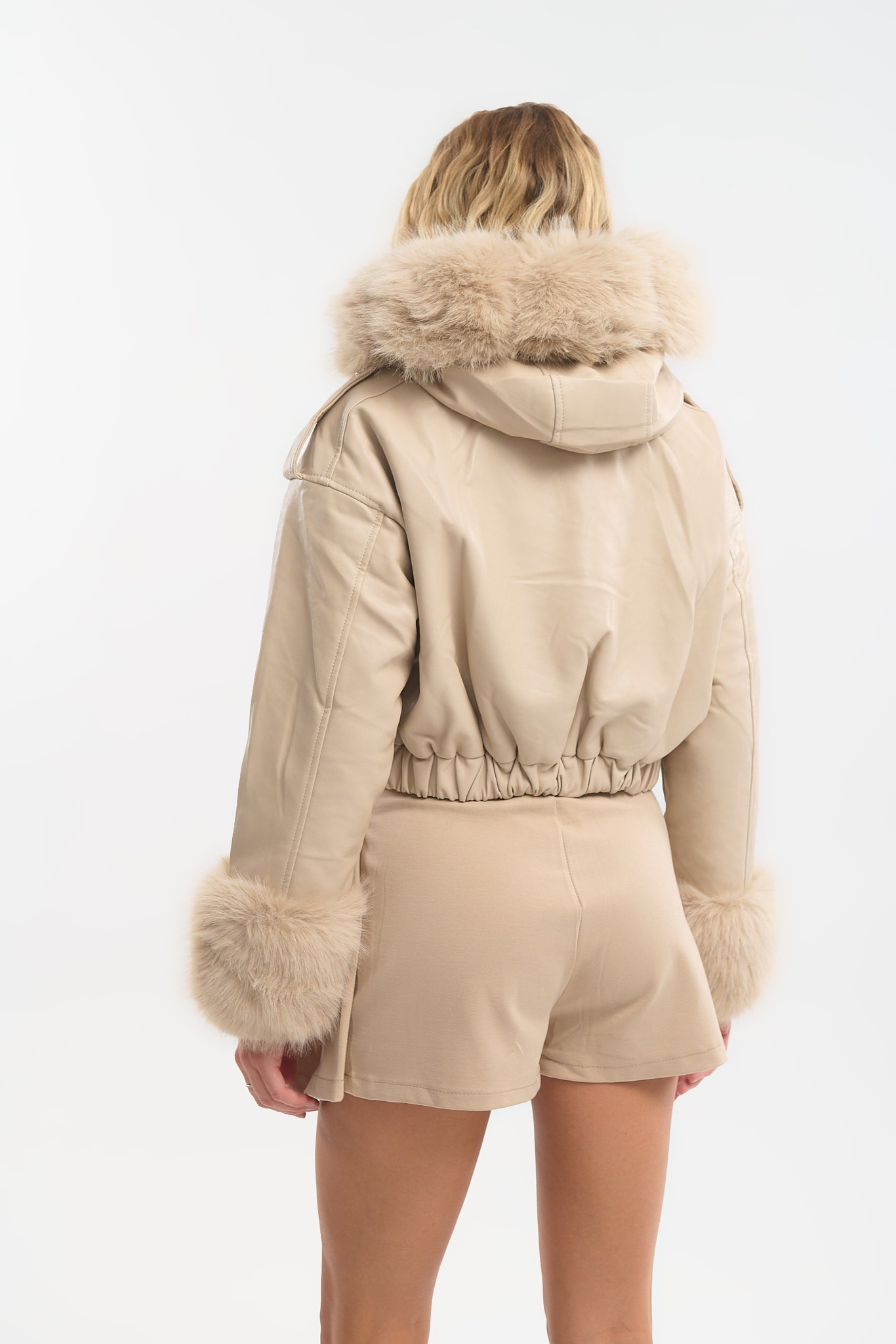 Women’s Cropped Jacket with Detachable Faux Fur Trim & Hood